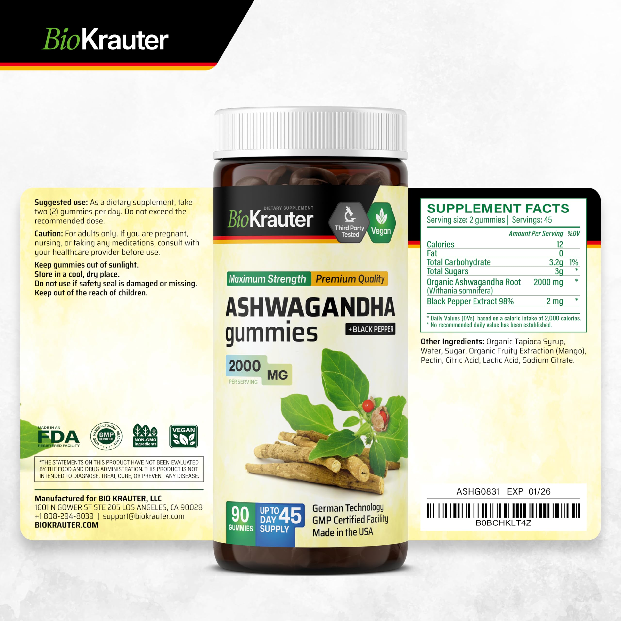 BIO KRAUTER Ashwagandha Gummies – 2000 mg, 90 Chews, Mango, Vegan – Pack of 2
