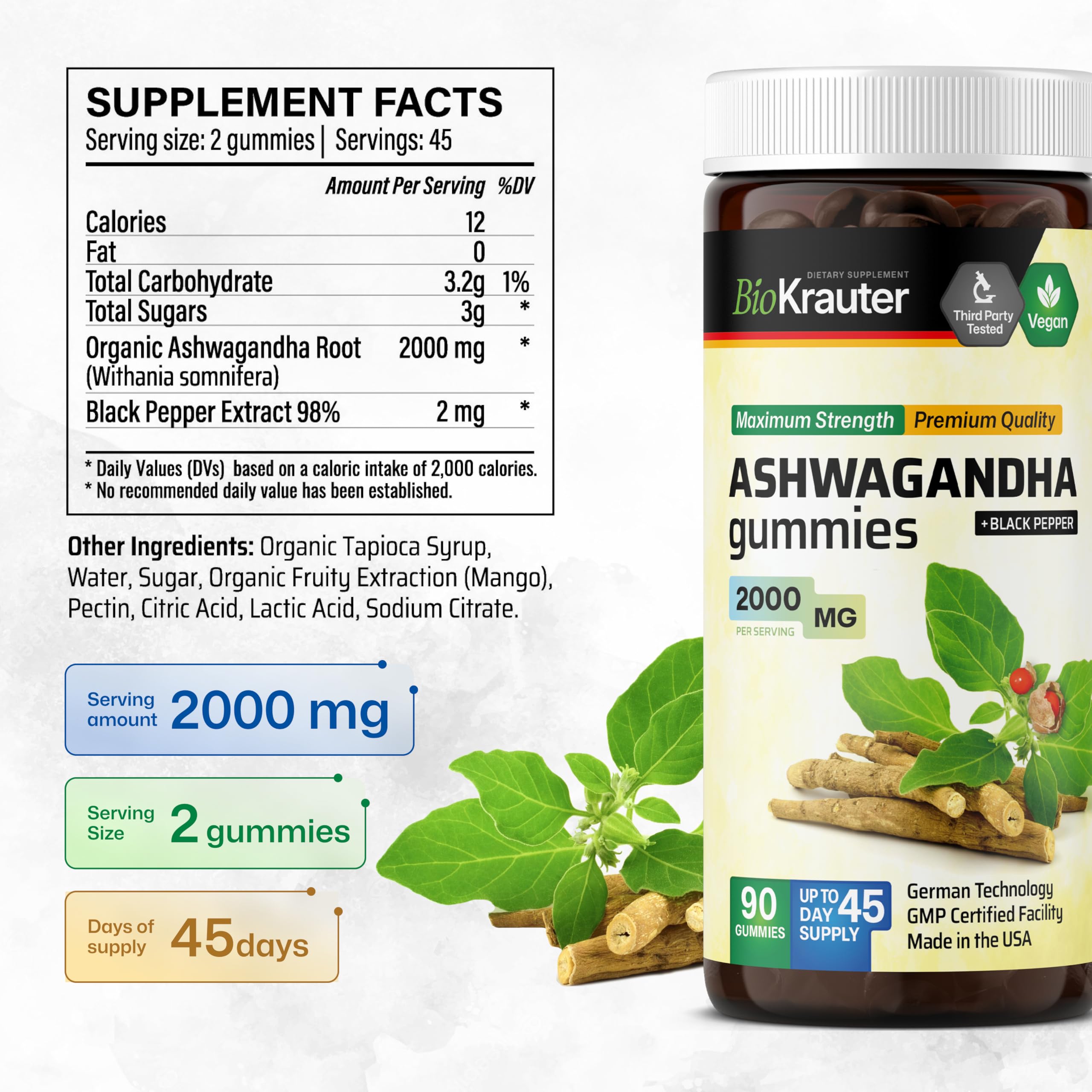 BIO KRAUTER Ashwagandha Gummies – 2000 mg, 90 Chews, Mango, Vegan – Pack of 2