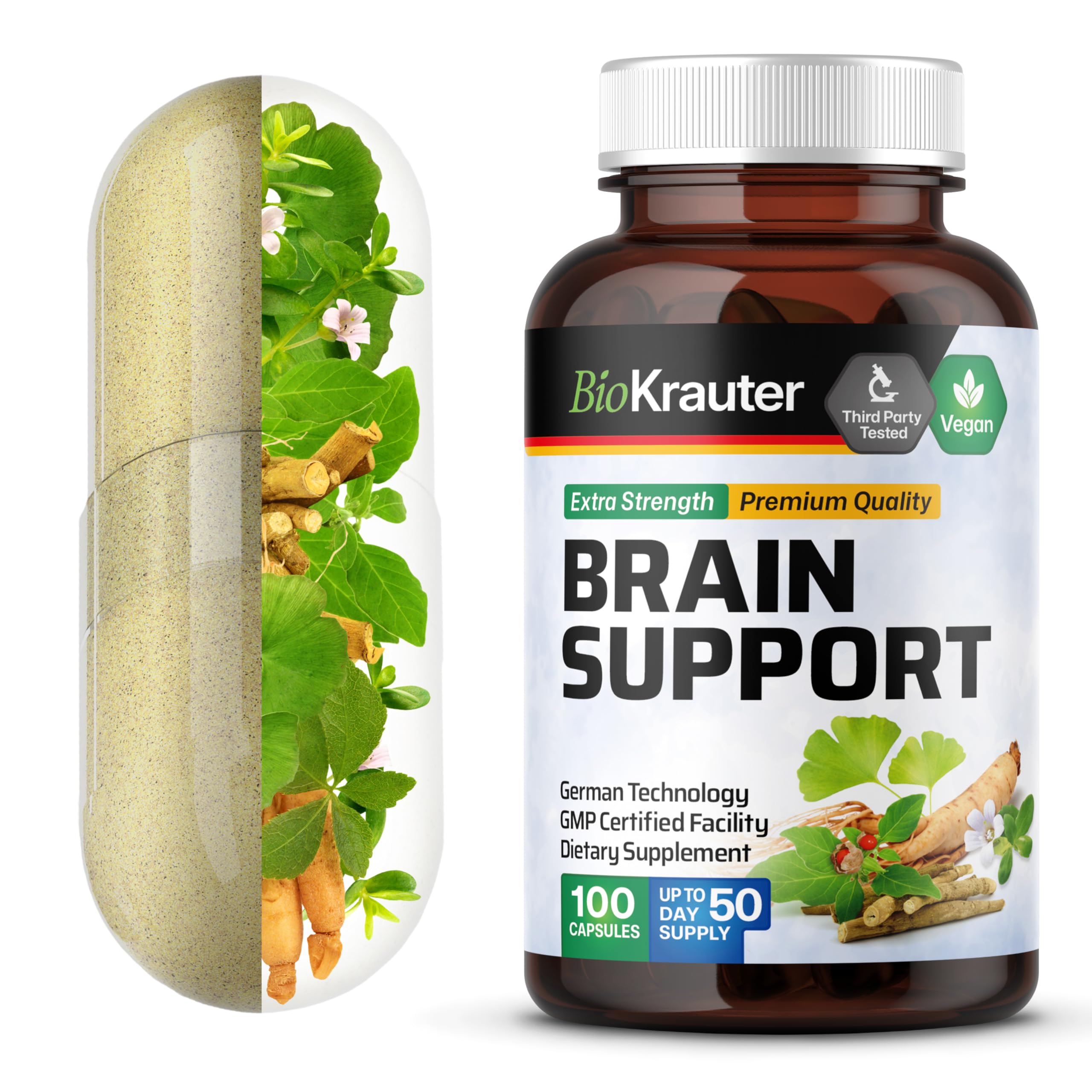BIO KRAUTER Brain Support Supplement - 100 Count, 1300 mg - Vegan, No Fillers