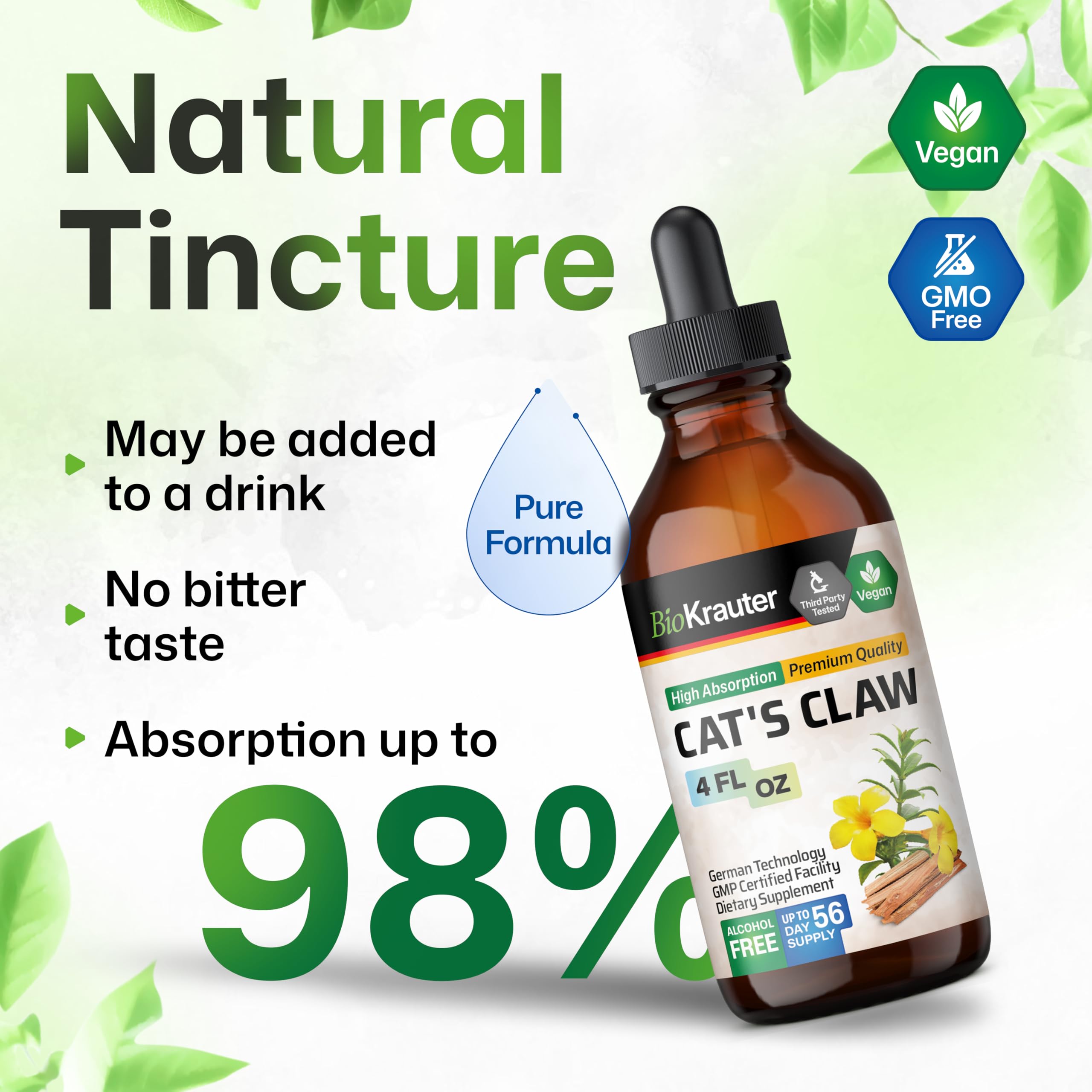 BIO KRAUTER Cat's Claw - Liquid Drops Pure Vegan Cat's Claw Herb Supplement 625 mg per Serving, 4 Fl Oz, 56-Day Supply