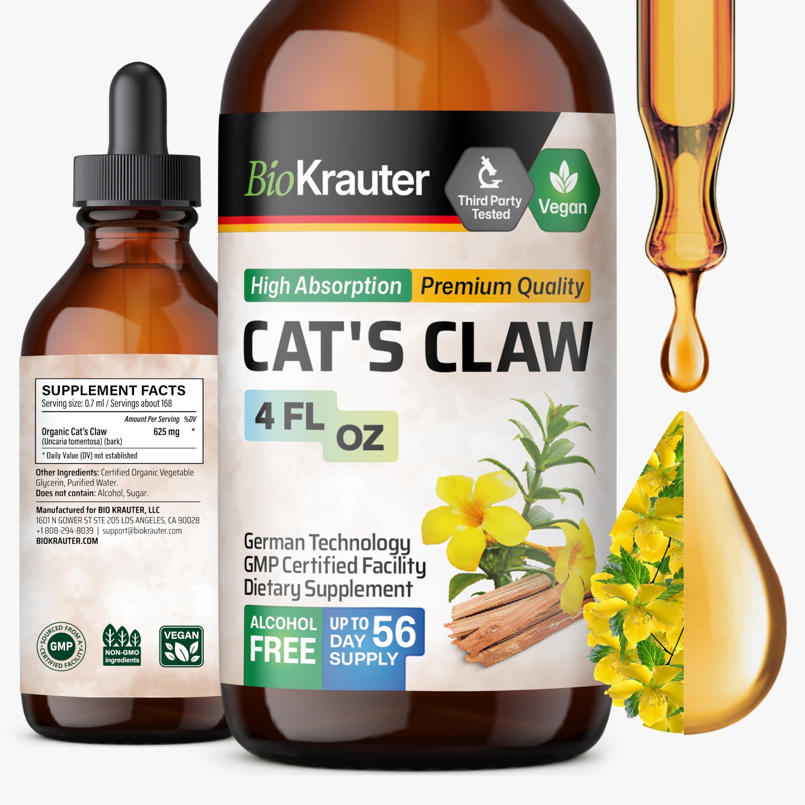 BIO KRAUTER Cat's Claw - Liquid Drops Pure Vegan Cat's Claw Herb Supplement 625 mg per Serving, 4 Fl Oz, 56-Day Supply