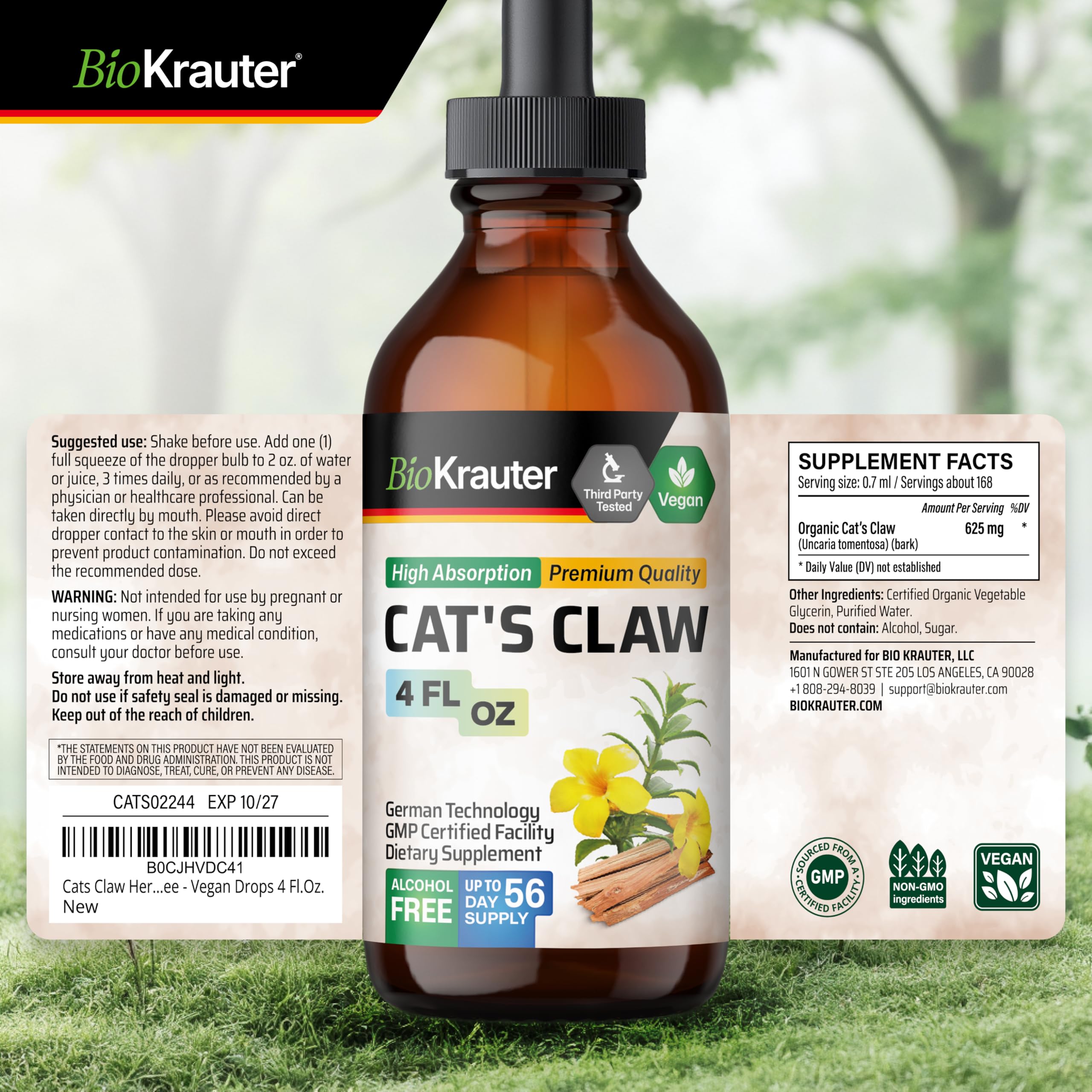 BIO KRAUTER Cat's Claw - Liquid Drops Pure Vegan Cat's Claw Herb Supplement 625 mg per Serving, 4 Fl Oz, 56-Day Supply