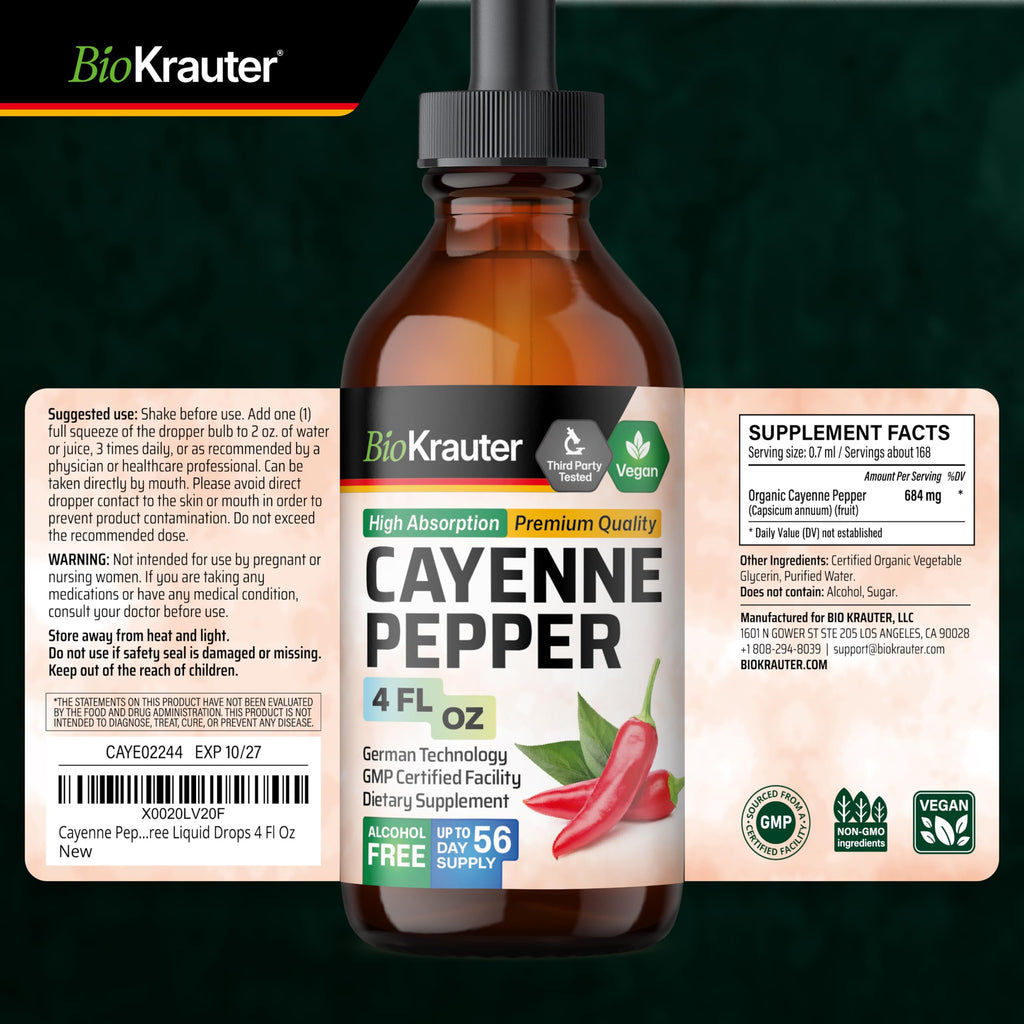 BIO KRAUTER Cayenne Pepper Drops 684 mg | Pure Vegan Capsaicin for Digestive Support | 56 Days of Supply