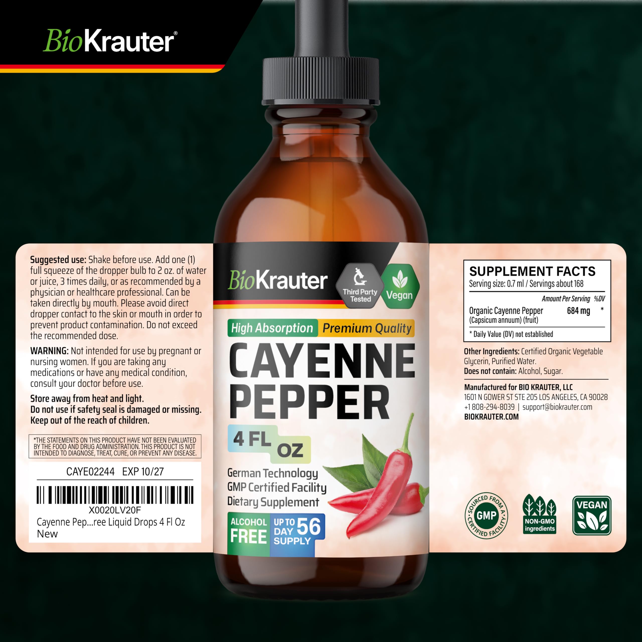 BIO KRAUTER Cayenne Pepper Drops 684 mg | Pure Vegan Capsaicin for Digestive Support | 56 Days of Supply
