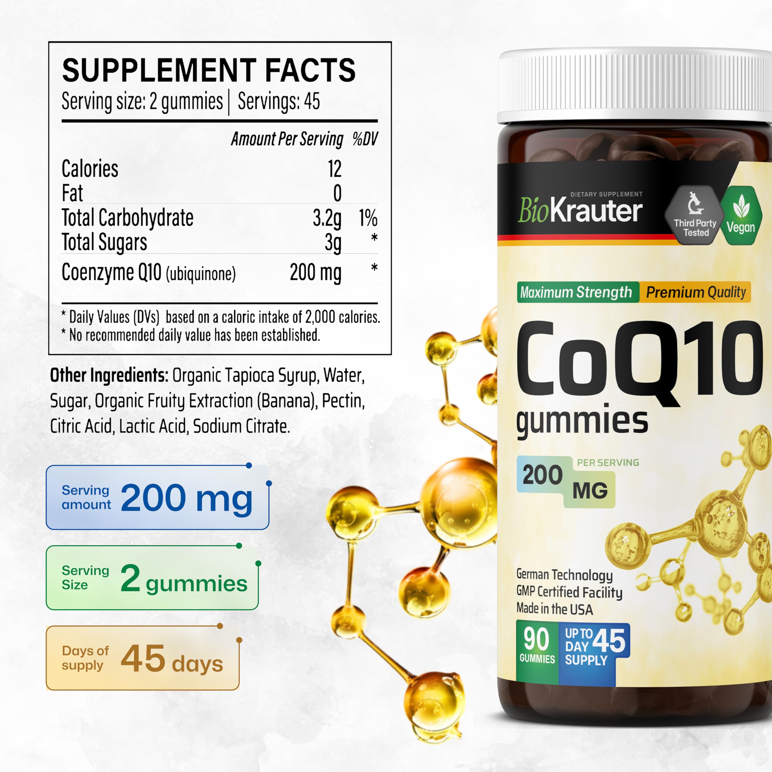 BIO KRAUTER CoQ10 200mg Gummies – 90 Vegan Chews | CoQ10 for Adults