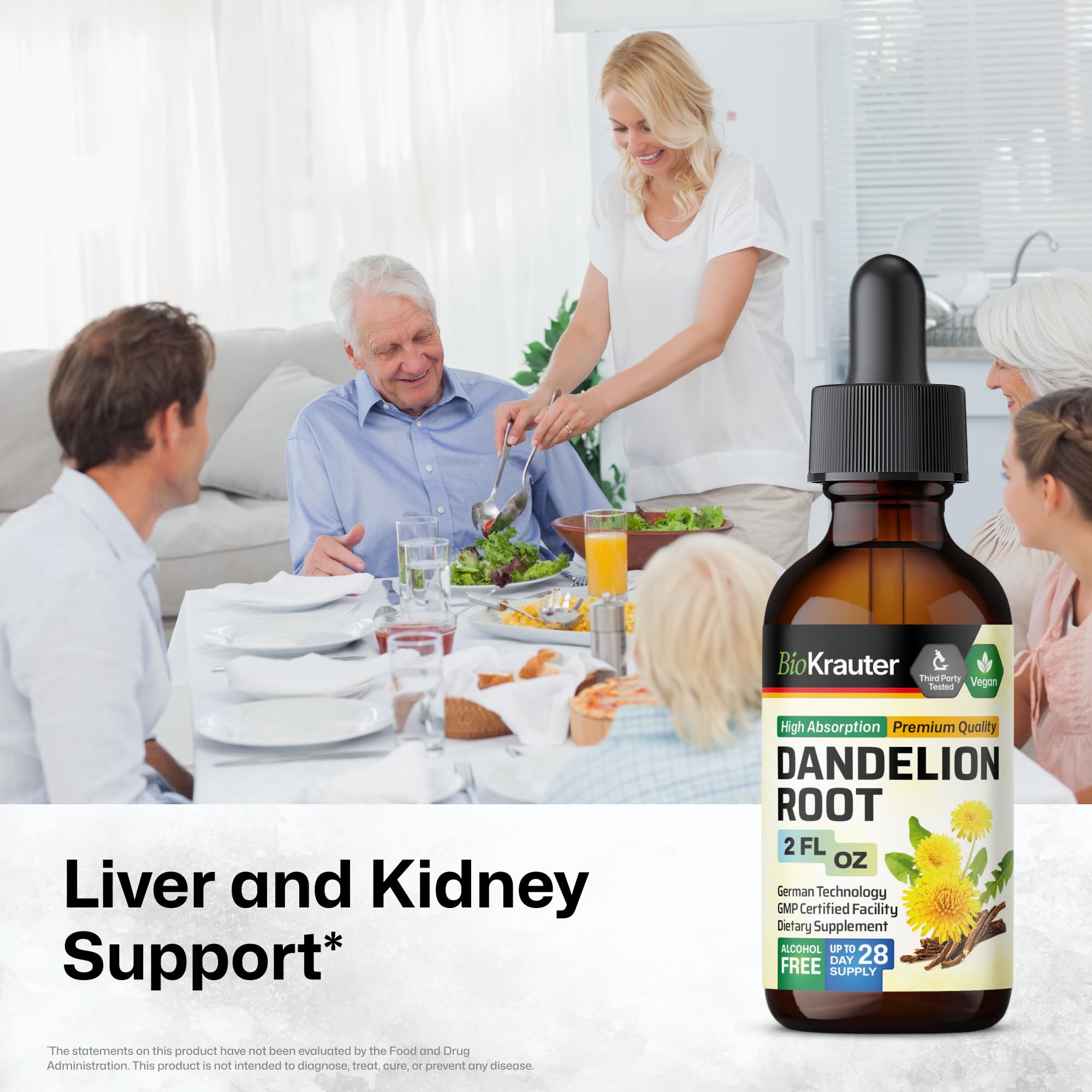 BioKrauter Dandelion Root Extract – Liquid 689 mg per Serving, 2 oz (28-Day) | Liver & Kidney Support, Vegan, Alcohol-Free