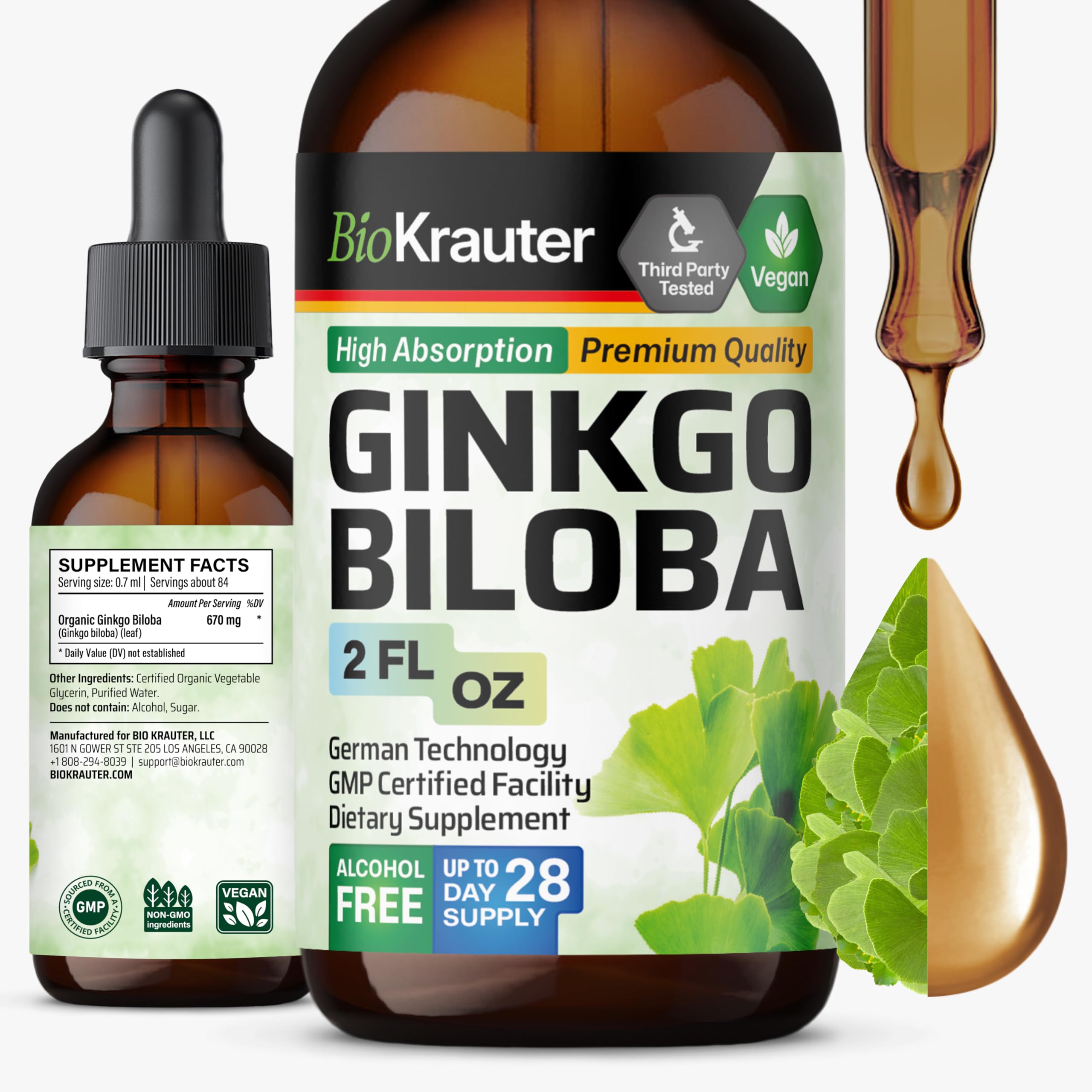 BIO KRAUTER Ginkgo Biloba Extract - Liquid Brain Support Drops, Vegan & Sugar-Free, 2 fl oz