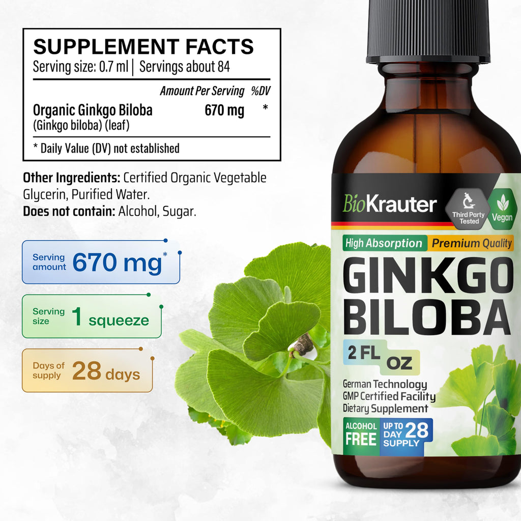 BIO KRAUTER Ginkgo Biloba Extract - Liquid Brain Support Drops, Vegan & Sugar-Free, 2 fl oz