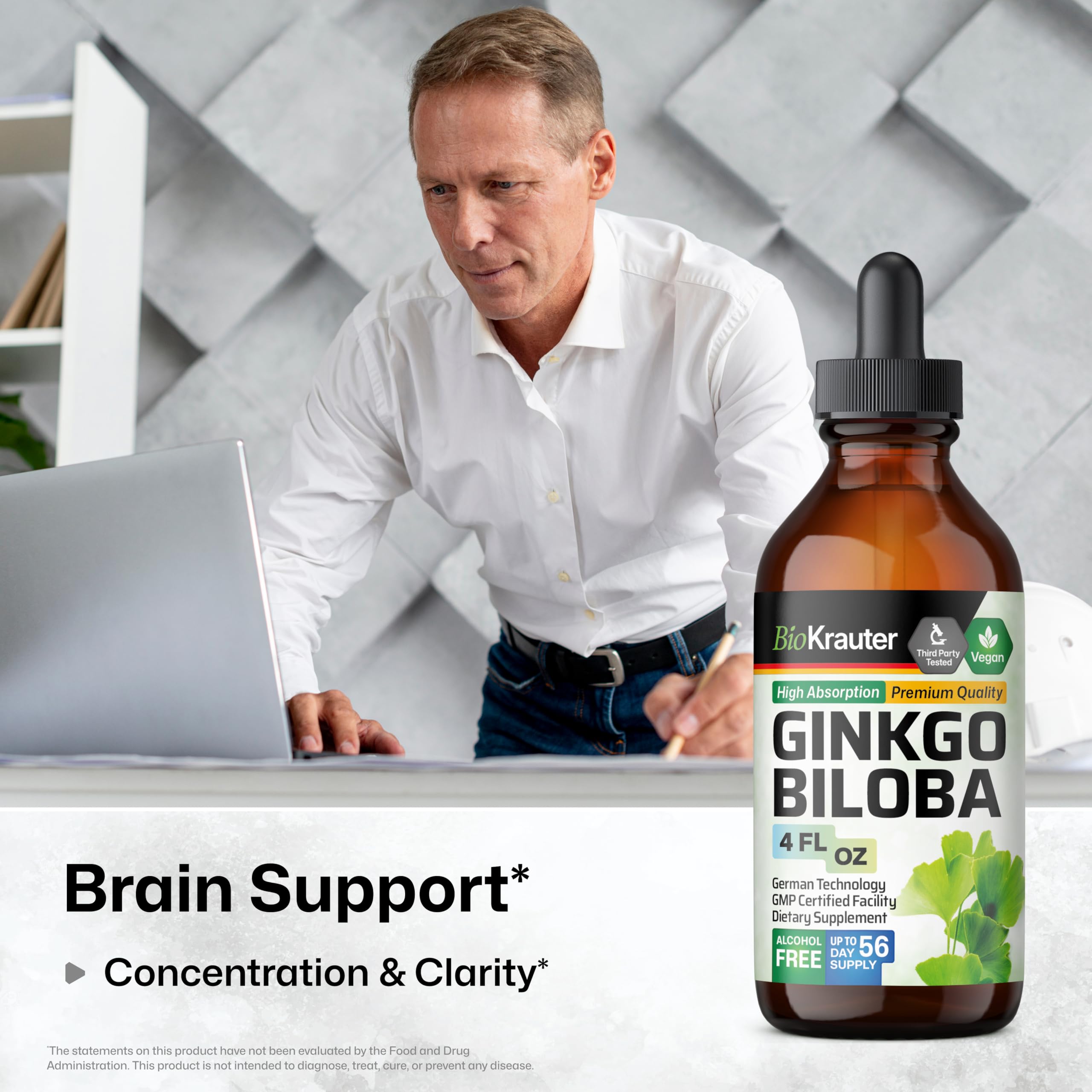 BIO KRAUTER Ginkgo Biloba Extract - Vegan Liquid Brain Support - 4 Fl Oz