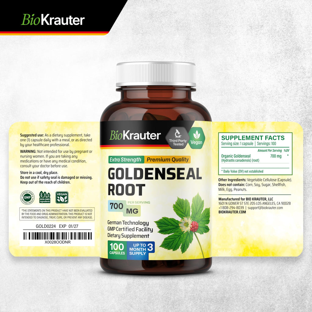 BIO KRAUTER Goldenseal Root Capsule 700 mg – 100 Vegan Golden Seal Capsules – Respiratory & Digestive Support