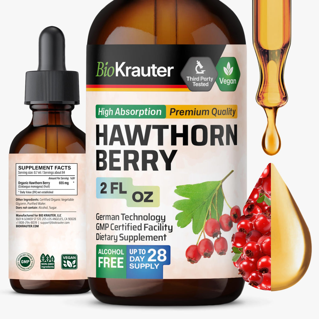 BIO KRAUTER Hawthorn Berry Drops – Pure Vegan Hawthorn Berry Liquid Drops, 655 mg/Serving, 2 oz, 28 Days, Alcohol & Sugar Free