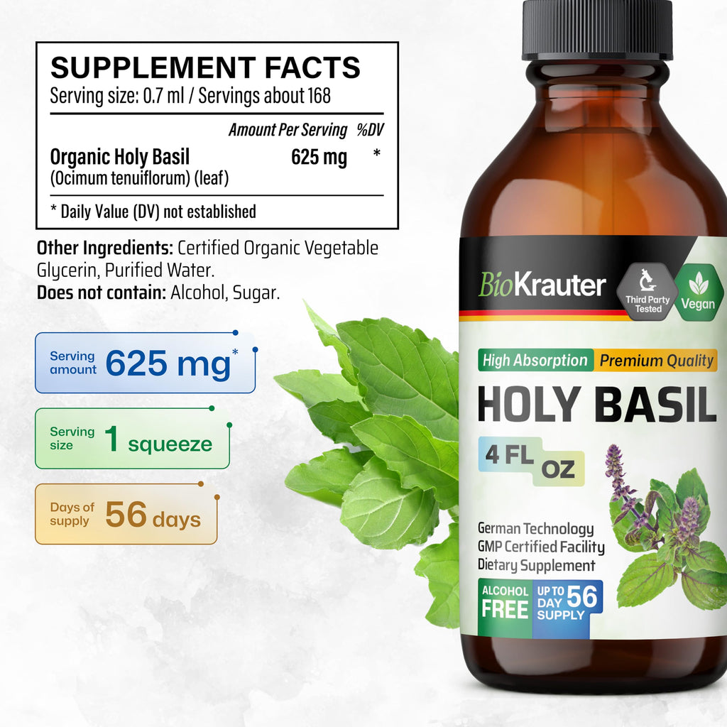 BIO KRAUTER Holy Basil Tincture – Tulsi Liquid Extract for Calm & Relaxation | Vegan, Alcohol-Free | 4 Fl Oz