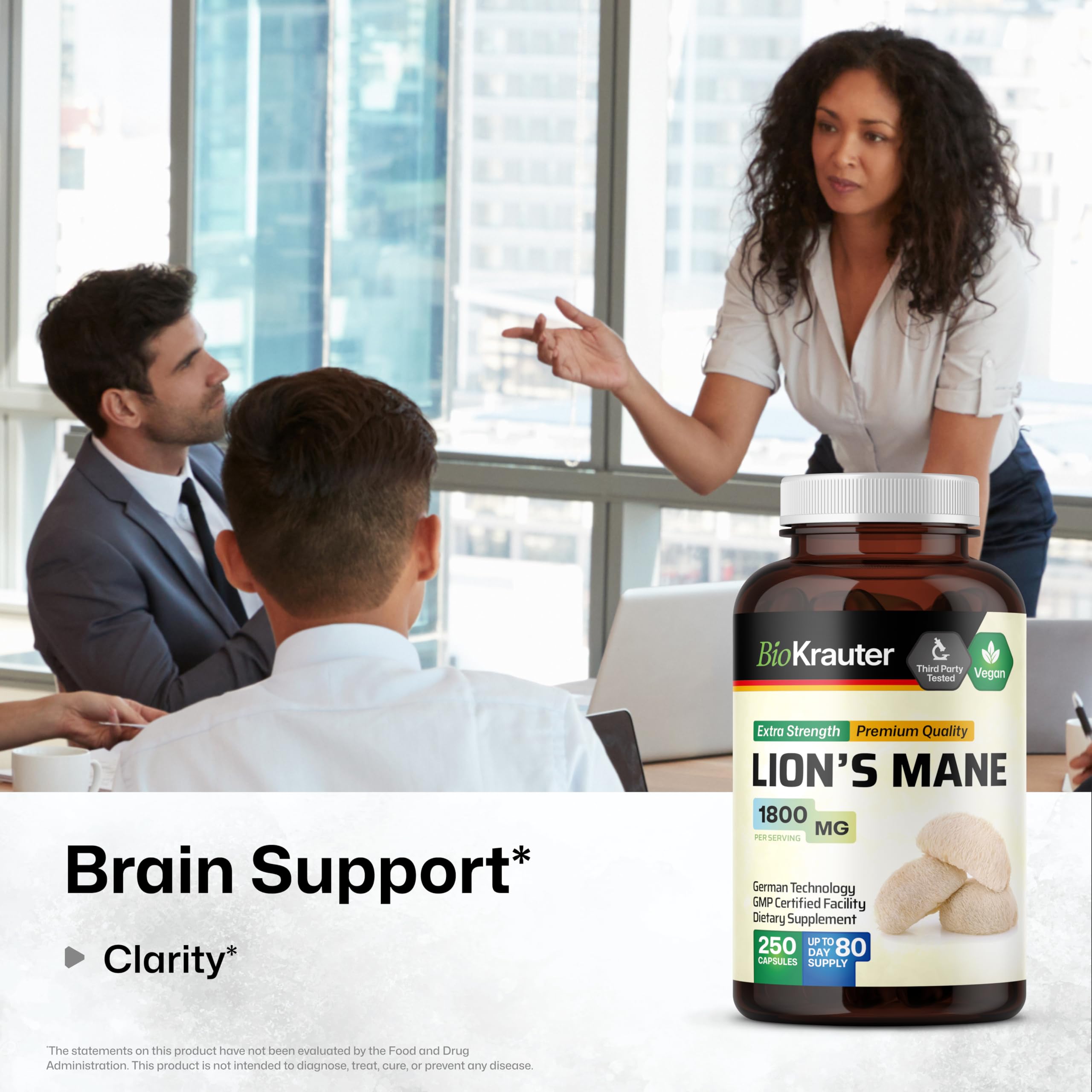 BIO KRAUTER Lions Mane 1800 mg Capsules – 250 Count – Vegan Brain Support
