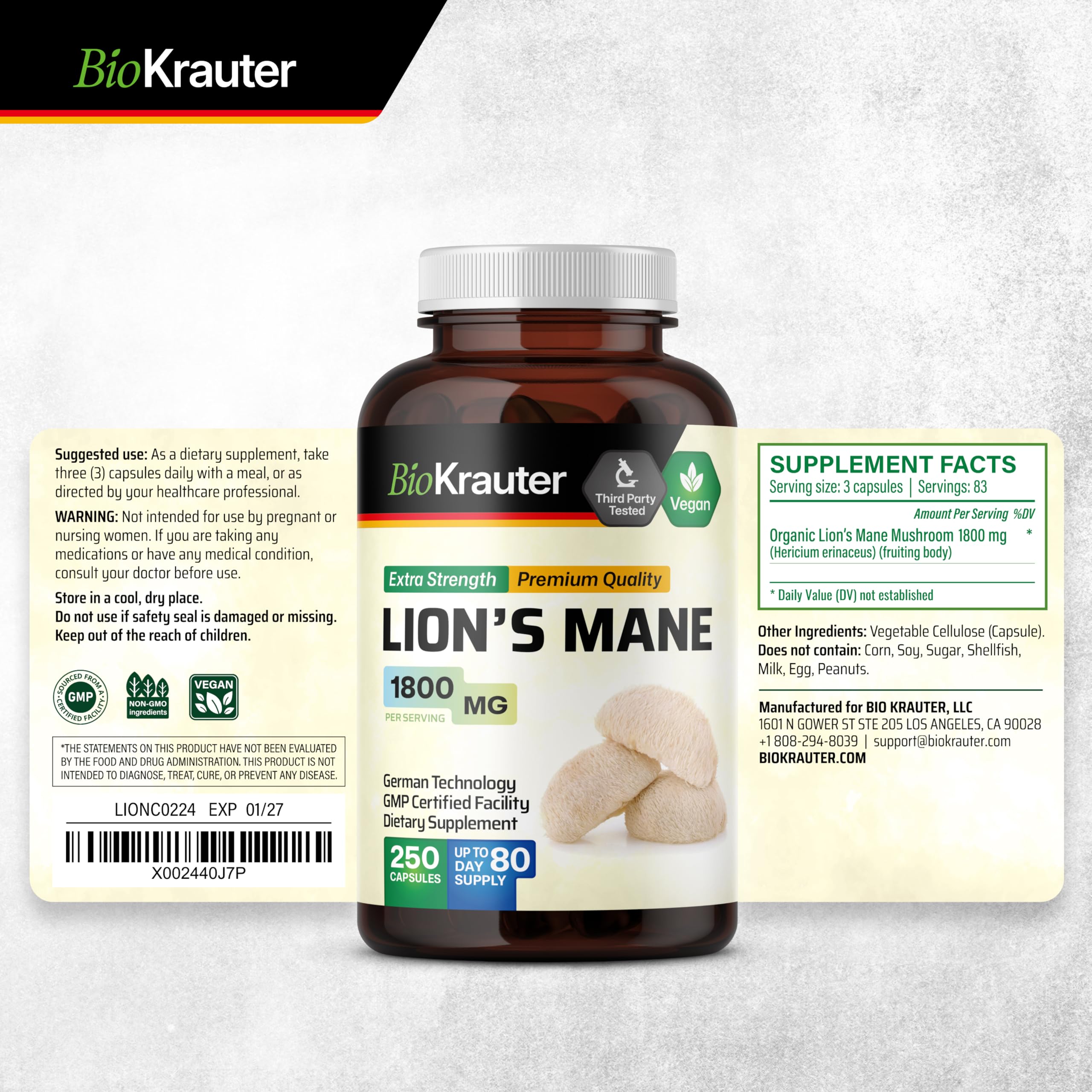 BIO KRAUTER Lions Mane 1800 mg Capsules – 250 Count – Vegan Brain Support