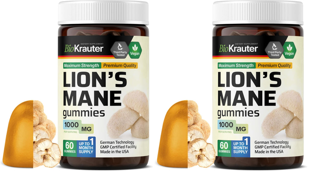BIO KRAUTER Lions Mane Gummies for Adults - 1000 mg - Vegan, Gelatine-Free (Pack of 2)