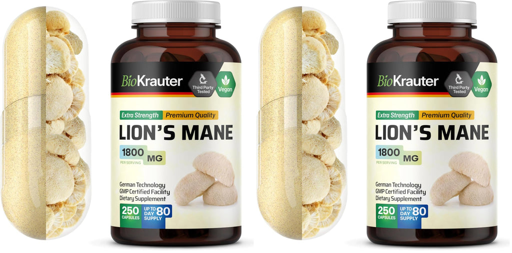 BIO KRAUTER Lions Mane 1800 mg Capsules – 250 Count – Vegan Brain Support