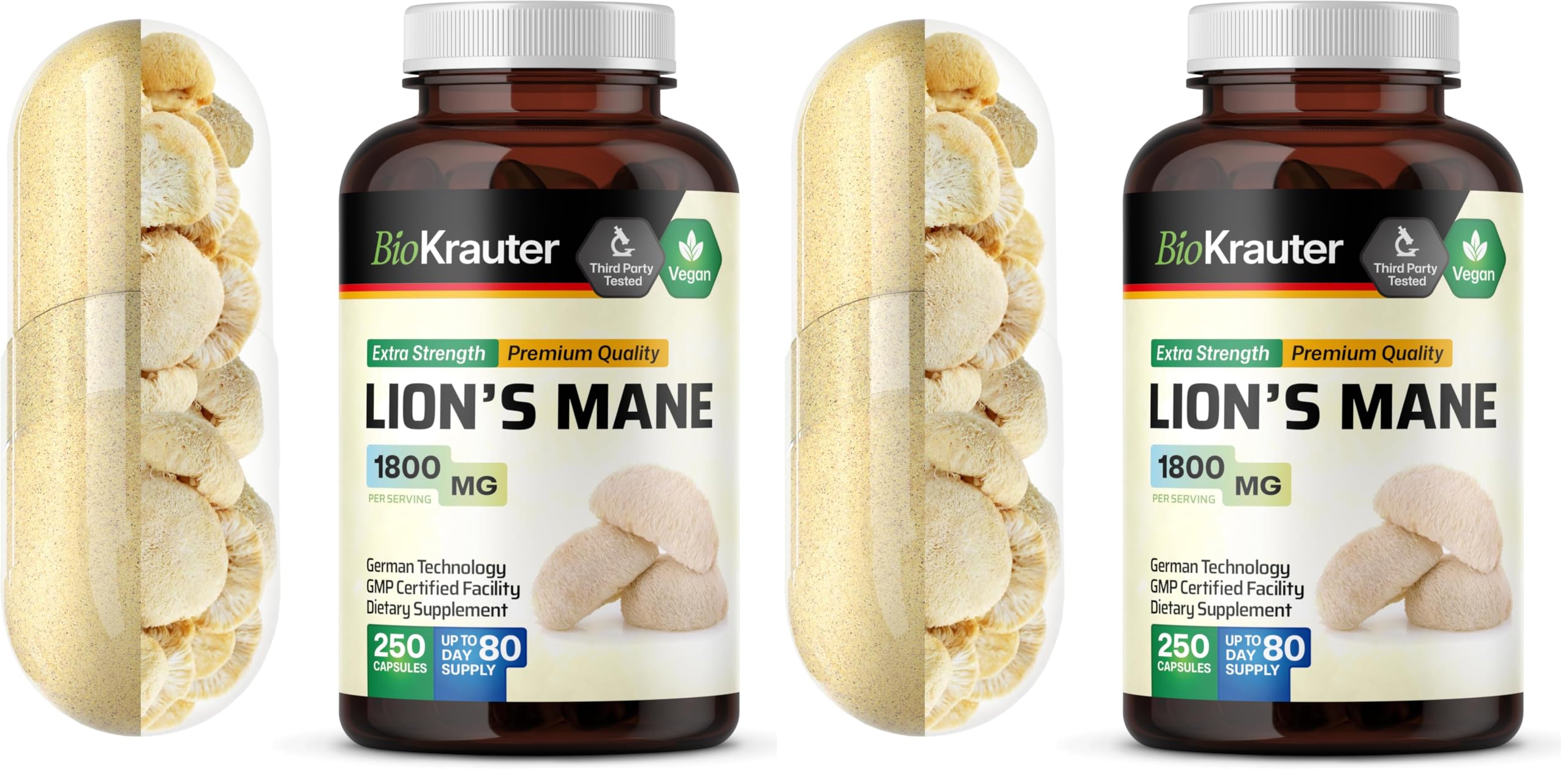 BIO KRAUTER Lions Mane 1800 mg Capsules – 250 Count – Vegan Brain Support
