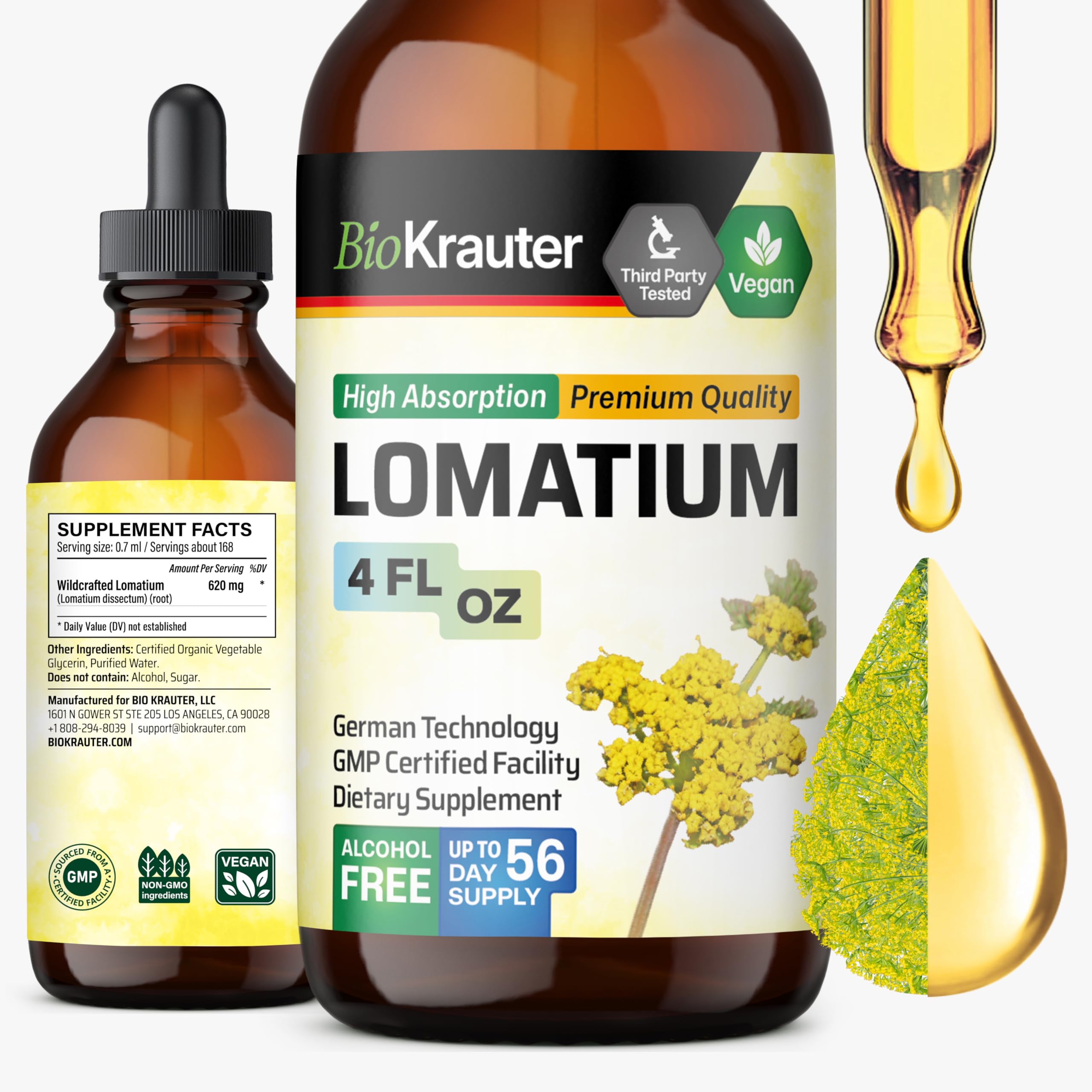 BIO KRAUTER Lomatium Tincture – Immune & Lung Support – Alcohol & Sugar Free Vegan Lomatium Root Tincture – 4 Fl Oz