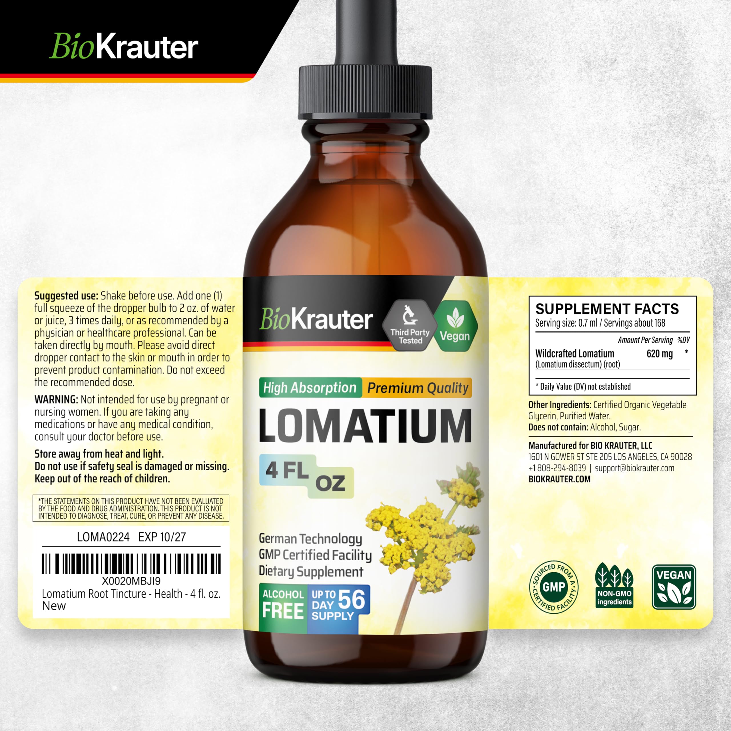 BIO KRAUTER Lomatium Tincture – Immune & Lung Support – Alcohol & Sugar Free Vegan Lomatium Root Tincture – 4 Fl Oz