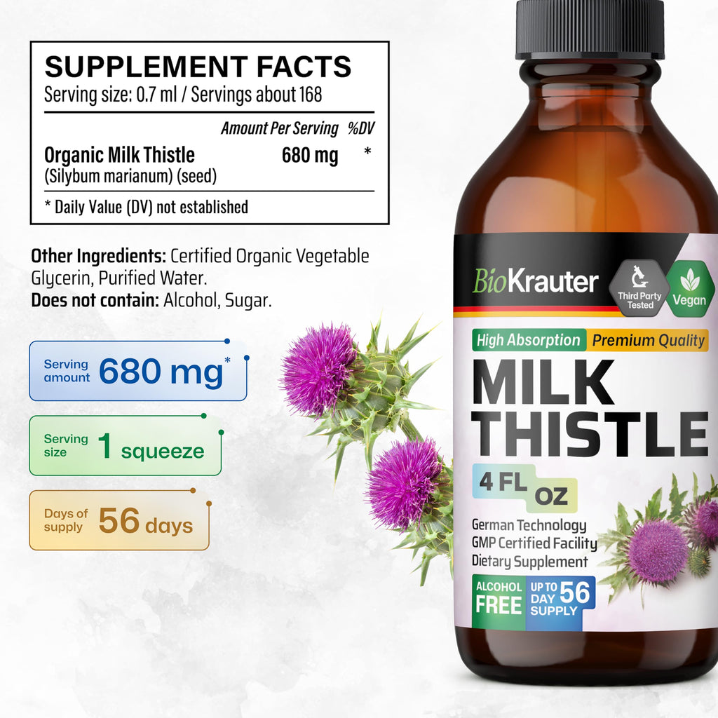 BIO KRAUTER® Milk Thistle Supplement – 680 mg/Serving, 4 Fl Oz, Vegan, Alcohol-Free, Liver Detox