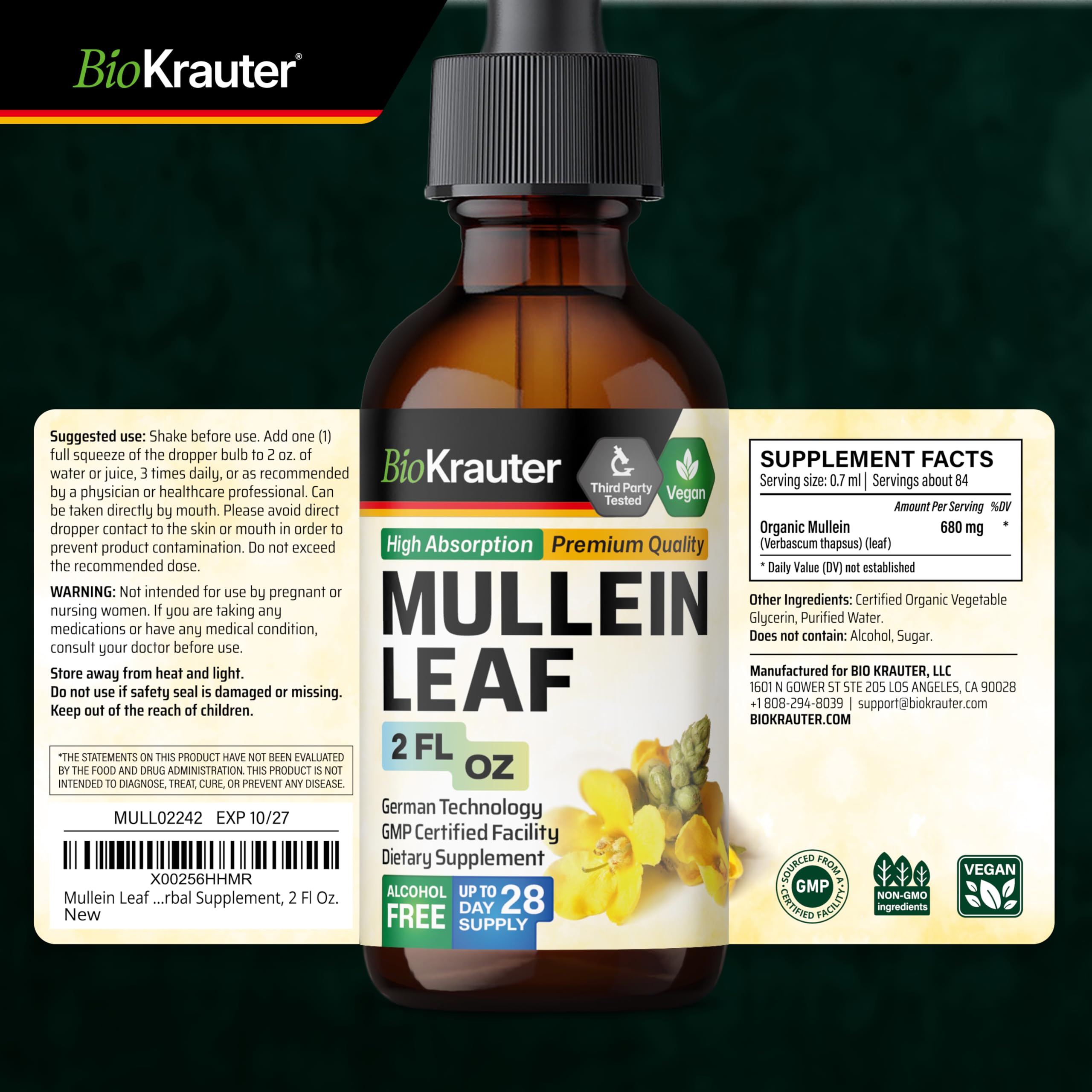 BIO KRAUTER Mullein Leaf Extract for Lungs 2 Fl. Oz - 28 Days of Supply - Pure Mullein Drops for Lung Cleanse & Detox - Vegan Respiratory Supplements - Non-GMO, No Sugar & Alcohol