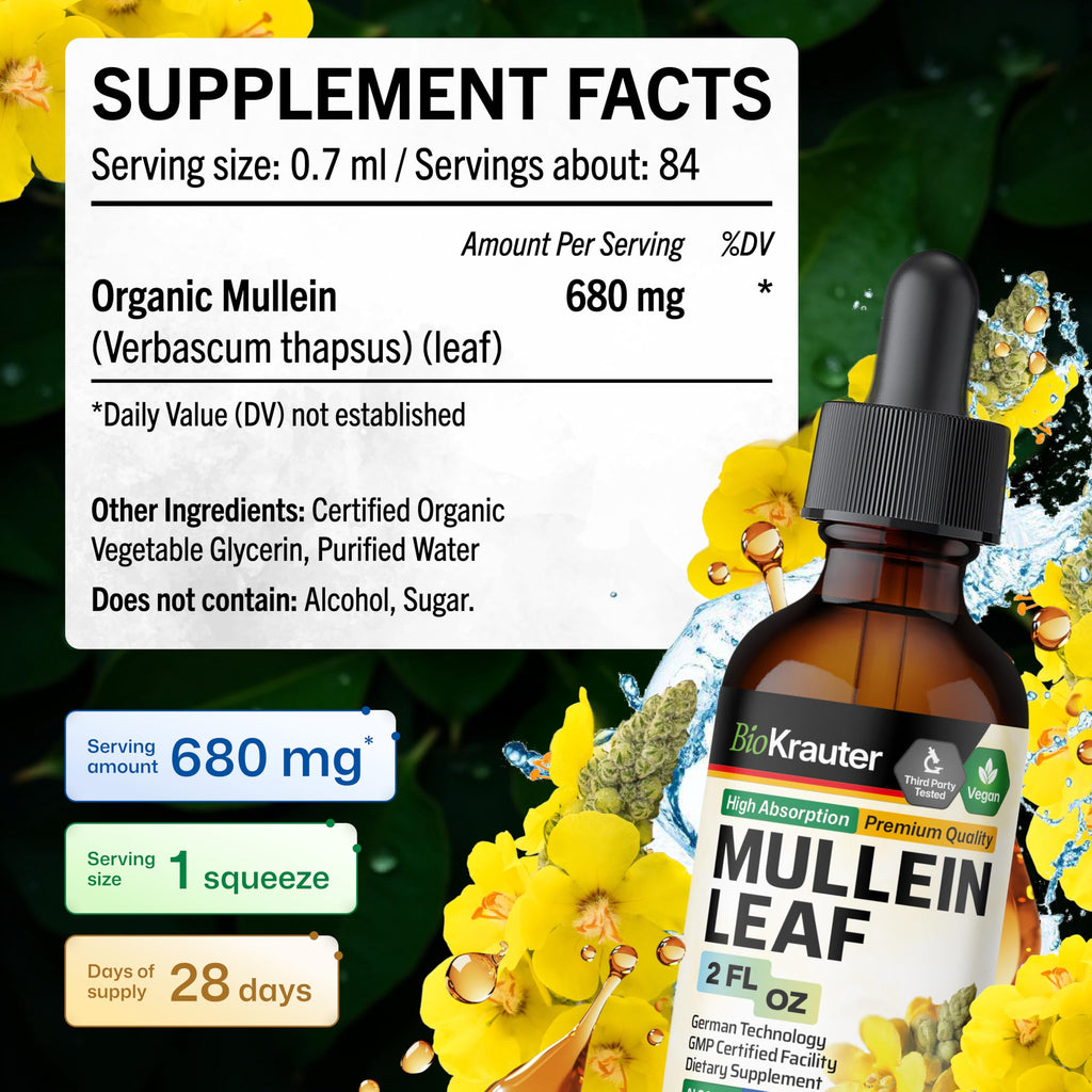 BIO KRAUTER Mullein Leaf Extract for Lungs 2 Fl. Oz - 28 Days of Supply - Pure Mullein Drops for Lung Cleanse & Detox - Vegan Respiratory Supplements - Non-GMO, No Sugar & Alcohol