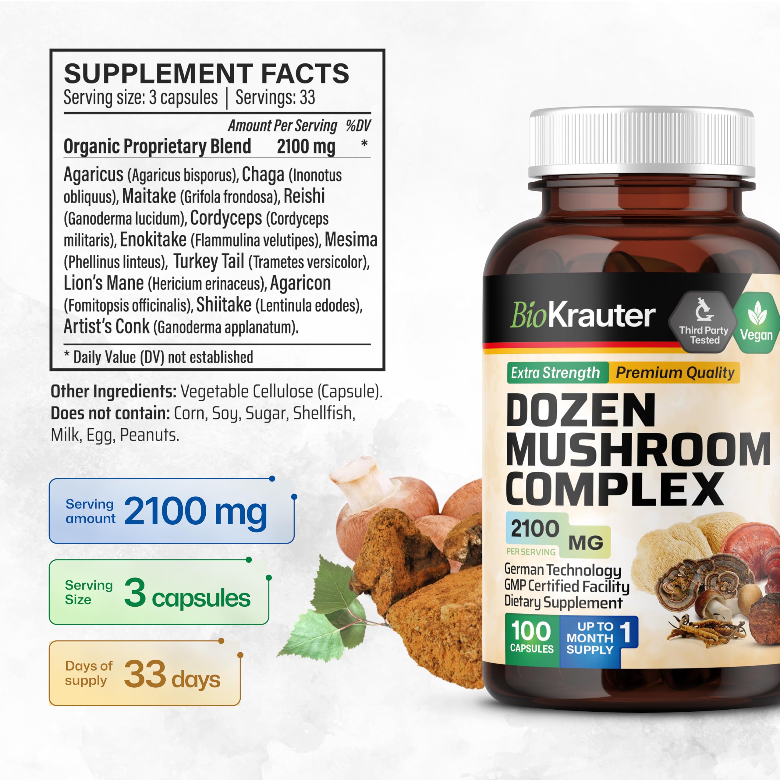BIO KRAUTER Dozen Mushroom Complex Capsules 2100 mg Blend - 12 Extracts, 100 Vegan Caps - Pack of 2