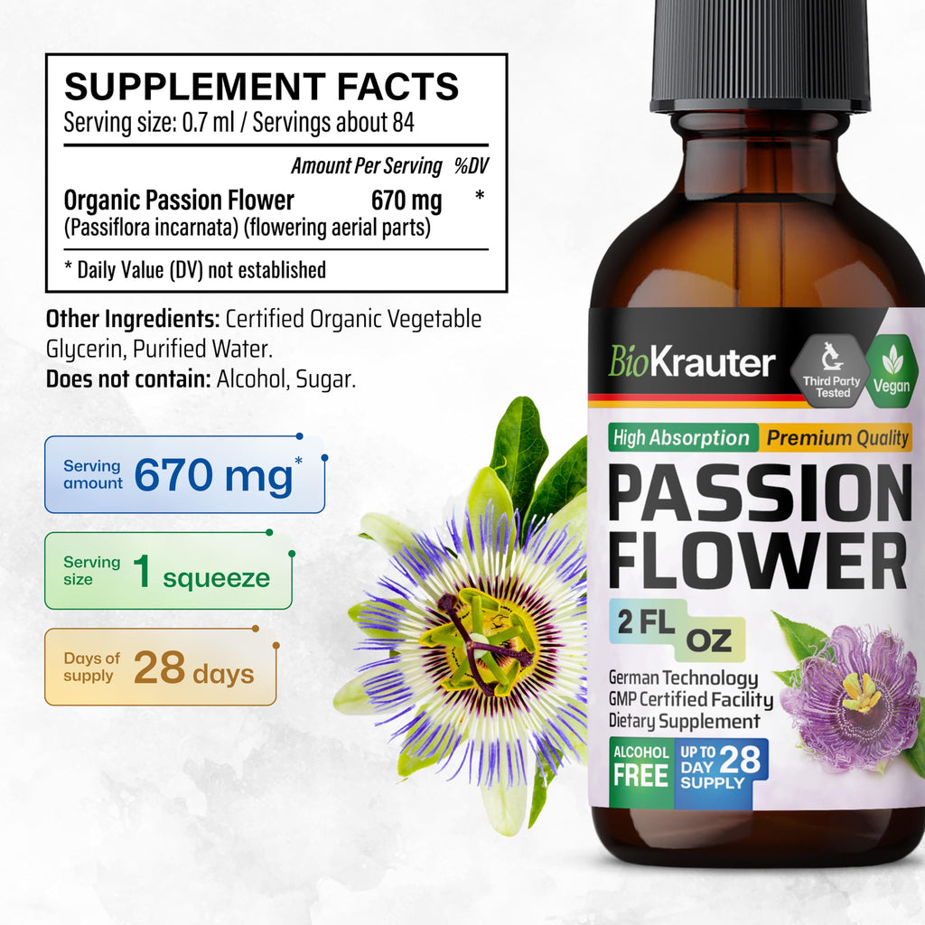 BIO KRAUTER Passionflower Tincture - Passion Flower Extract for Mood Support - Alcohol and Sugar Free - Vegan Drops 2 Fl.Oz.