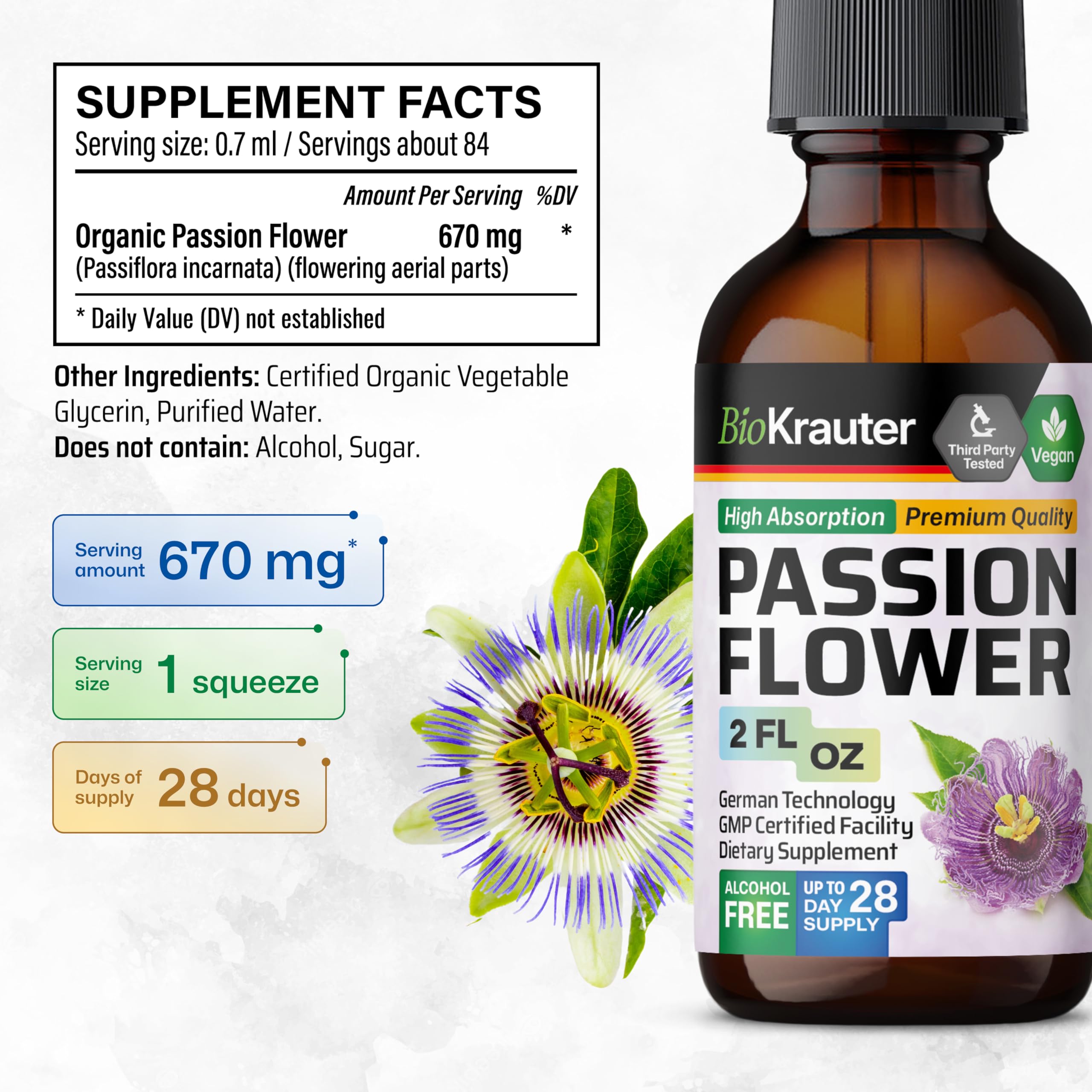 BIO KRAUTER Passionflower Tincture - Passion Flower Extract for Mood Support - Alcohol and Sugar Free - Vegan Drops 2 Fl.Oz.