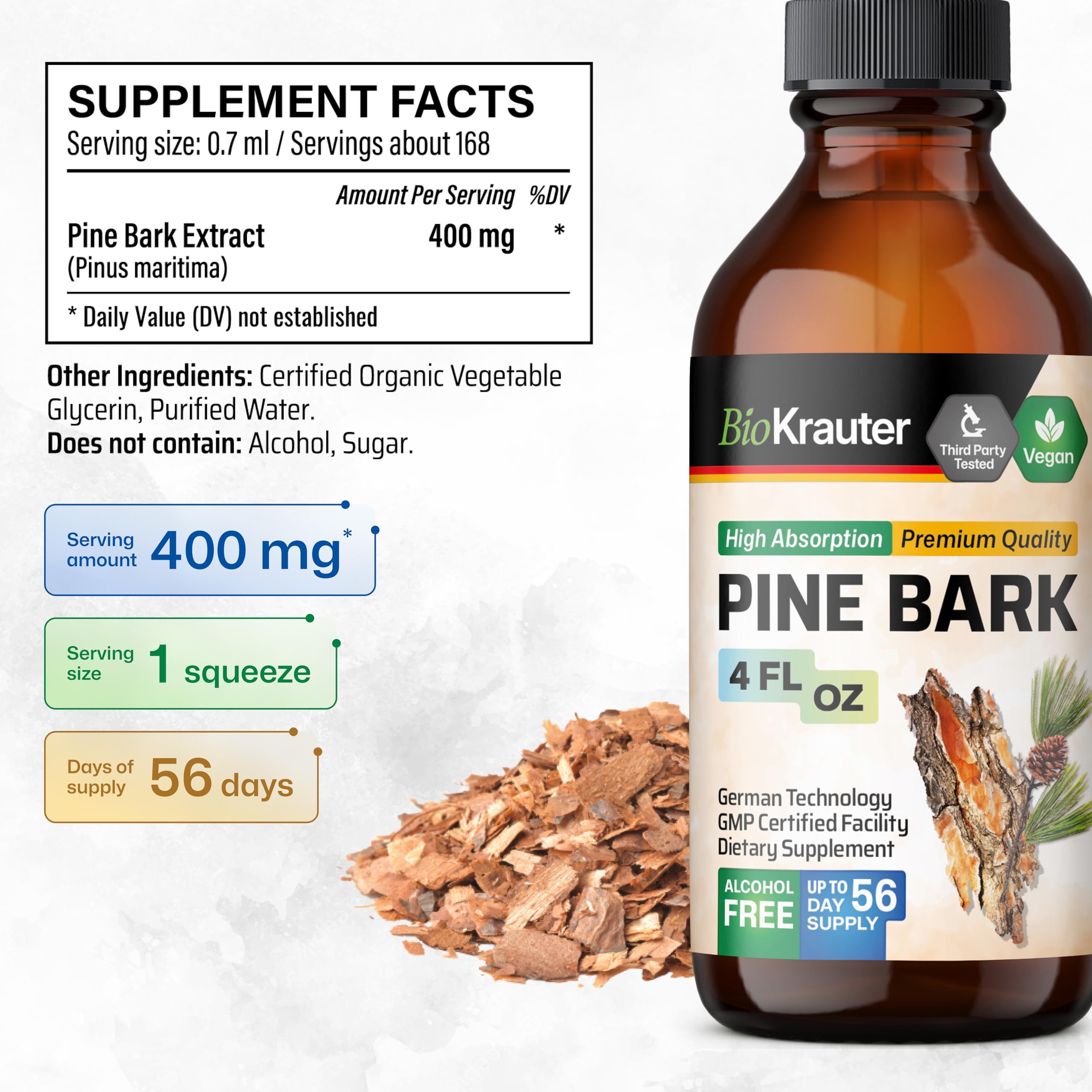 BIO KRAUTER Pine Bark Extract Drops – 400 mg, French Maritime Pine Bark, Vegan, Alcohol & Sugar Free – 4 Fl Oz