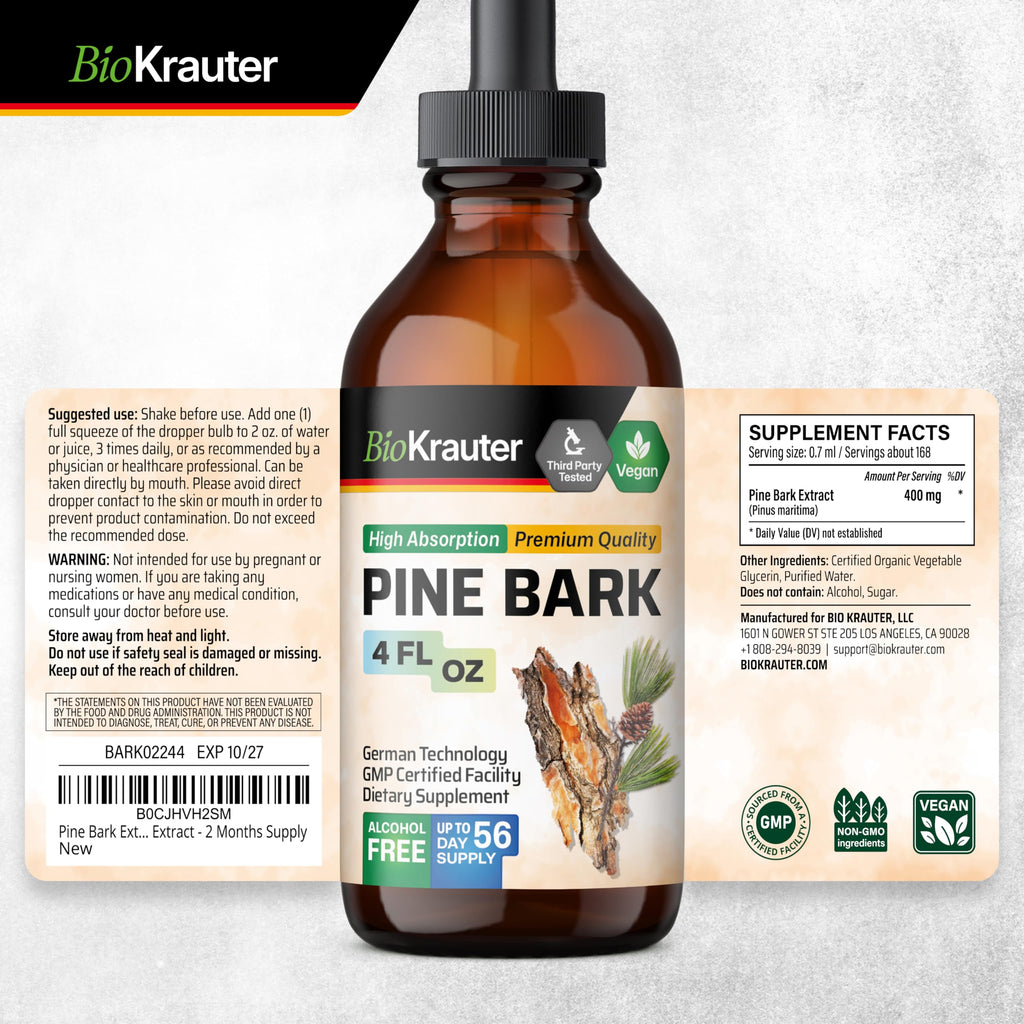 BIO KRAUTER Pine Bark Extract Drops – 400 mg, French Maritime Pine Bark, Vegan, Alcohol & Sugar Free – 4 Fl Oz