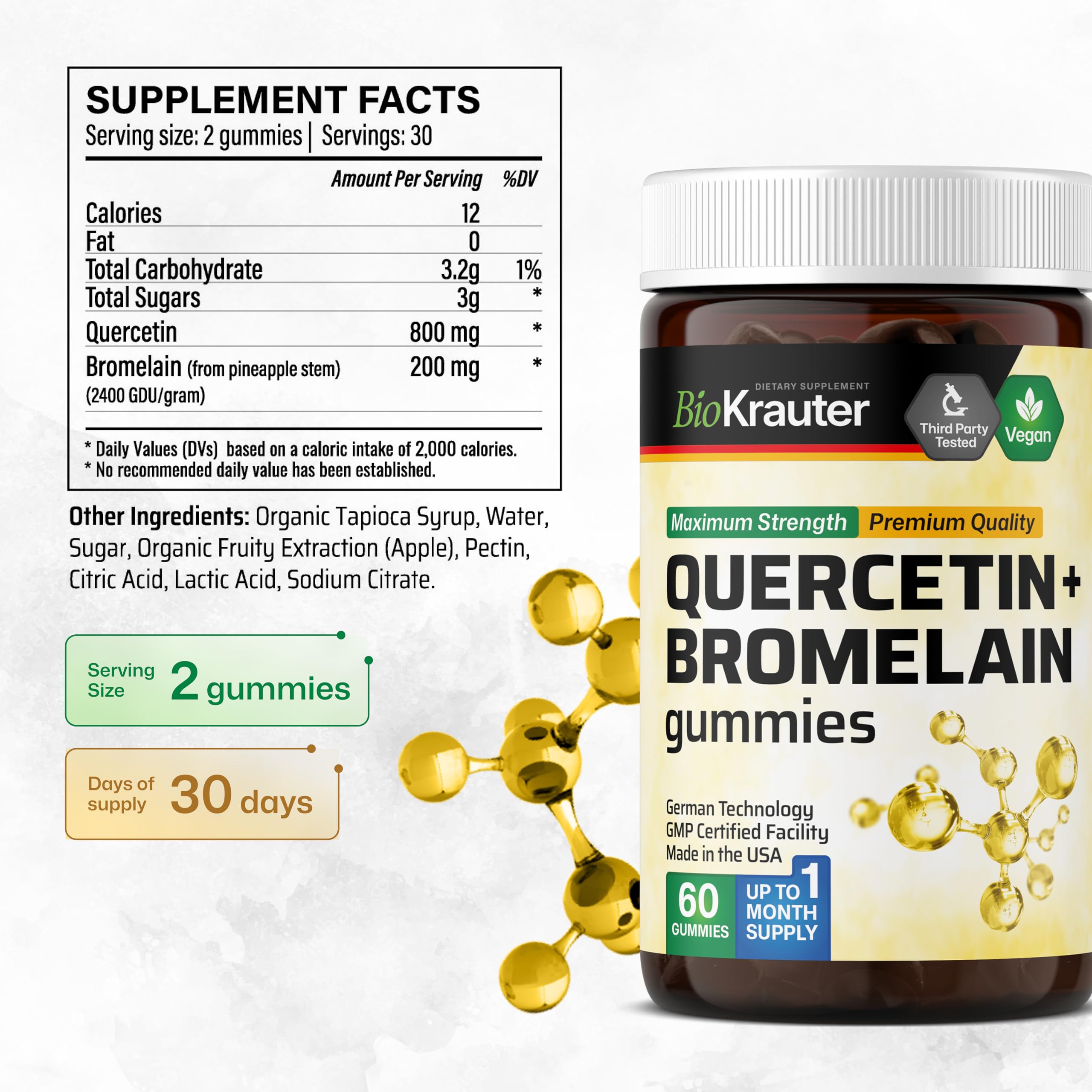 BIO KRAUTER Quercetin + Bromelain Gummies 1000 mg – Pack of 2 (60 Vegan Chews)