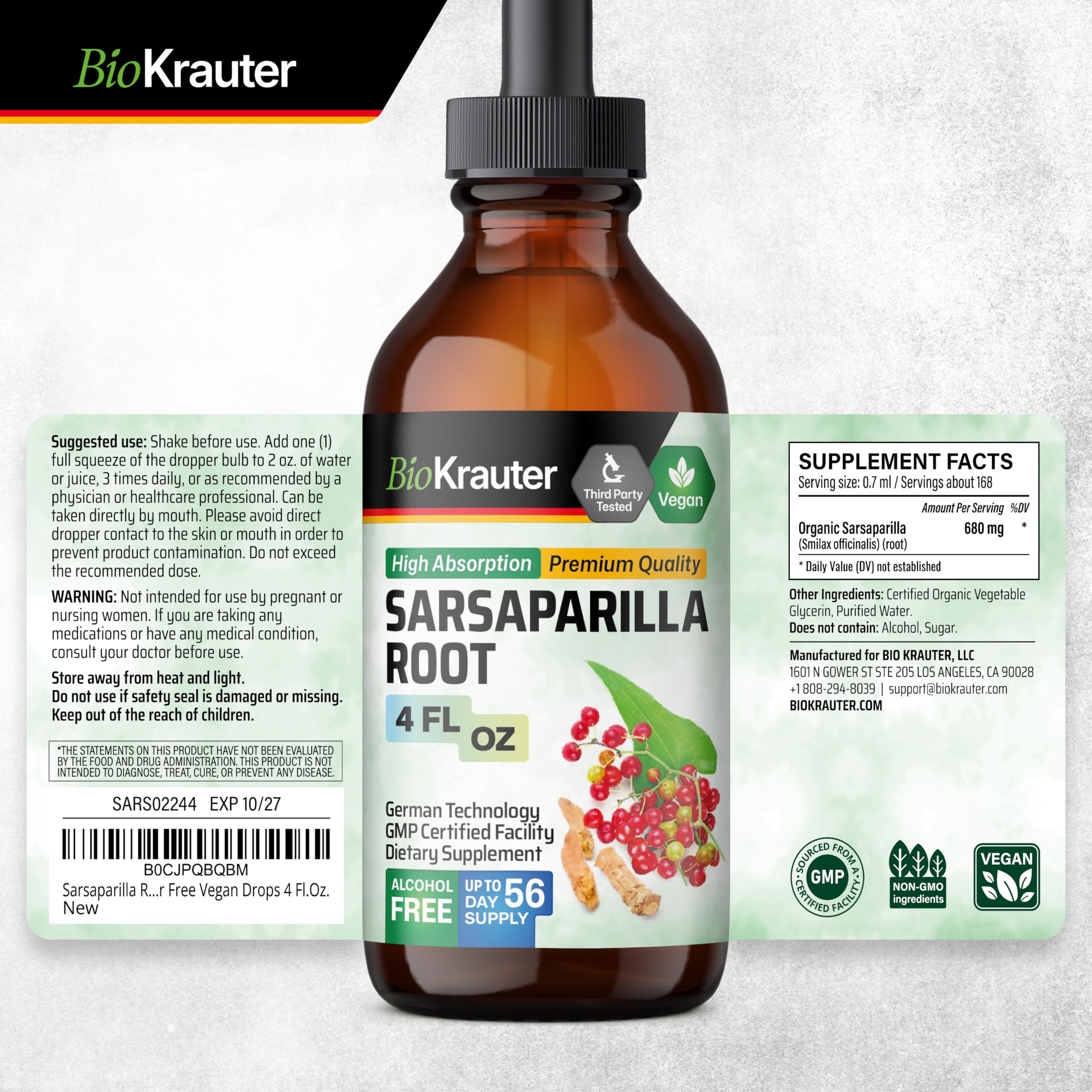 BIO KRAUTER Sarsaparilla Root Tincture - Liver Support - Alcohol & Sugar Free - Vegan Drops 4 oz
