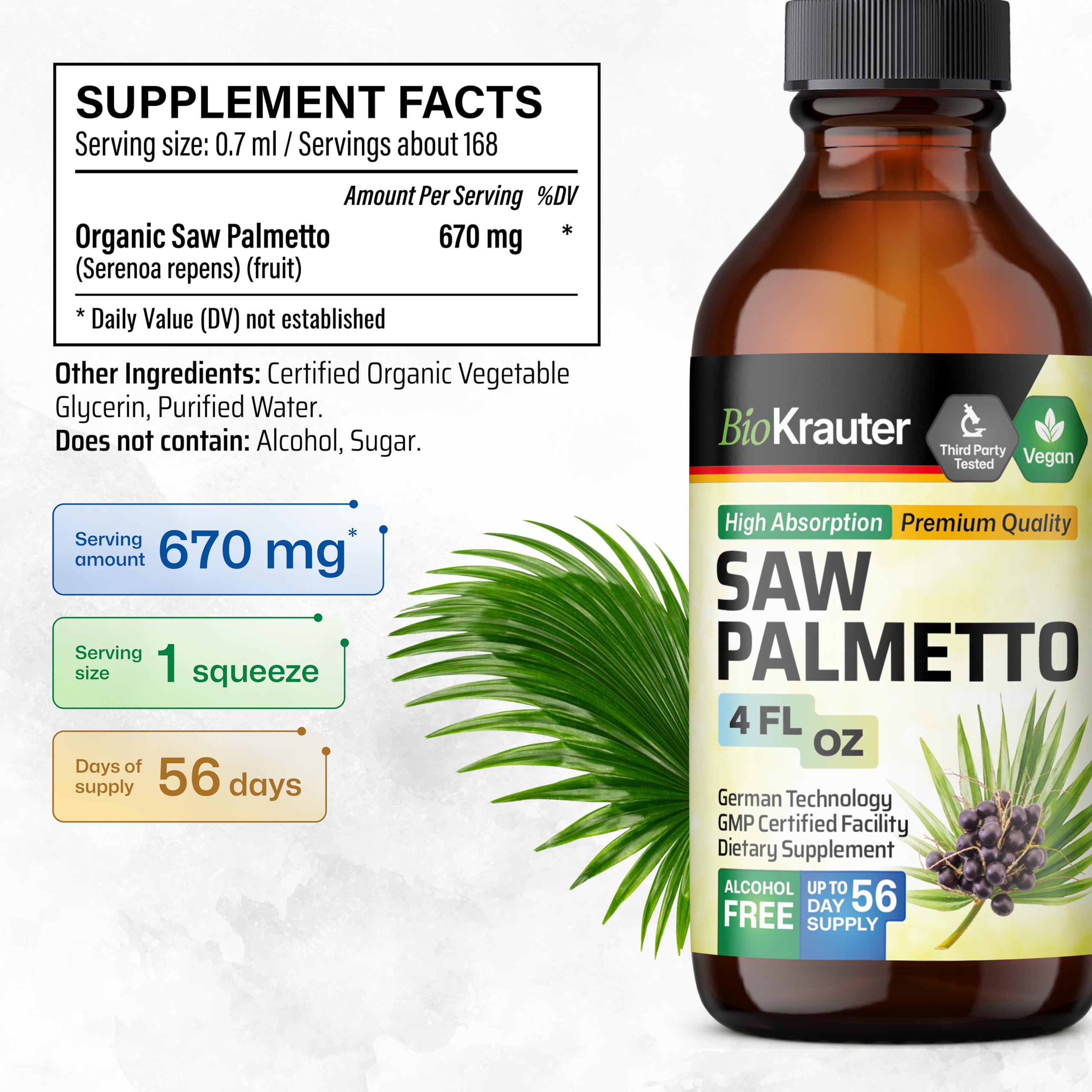 BIO KRAUTER Saw Palmetto Extract – Vegan Saw Palmetto for Men & Women, Urinary Support, Alcohol & Sugar Free, 4 Fl.Oz