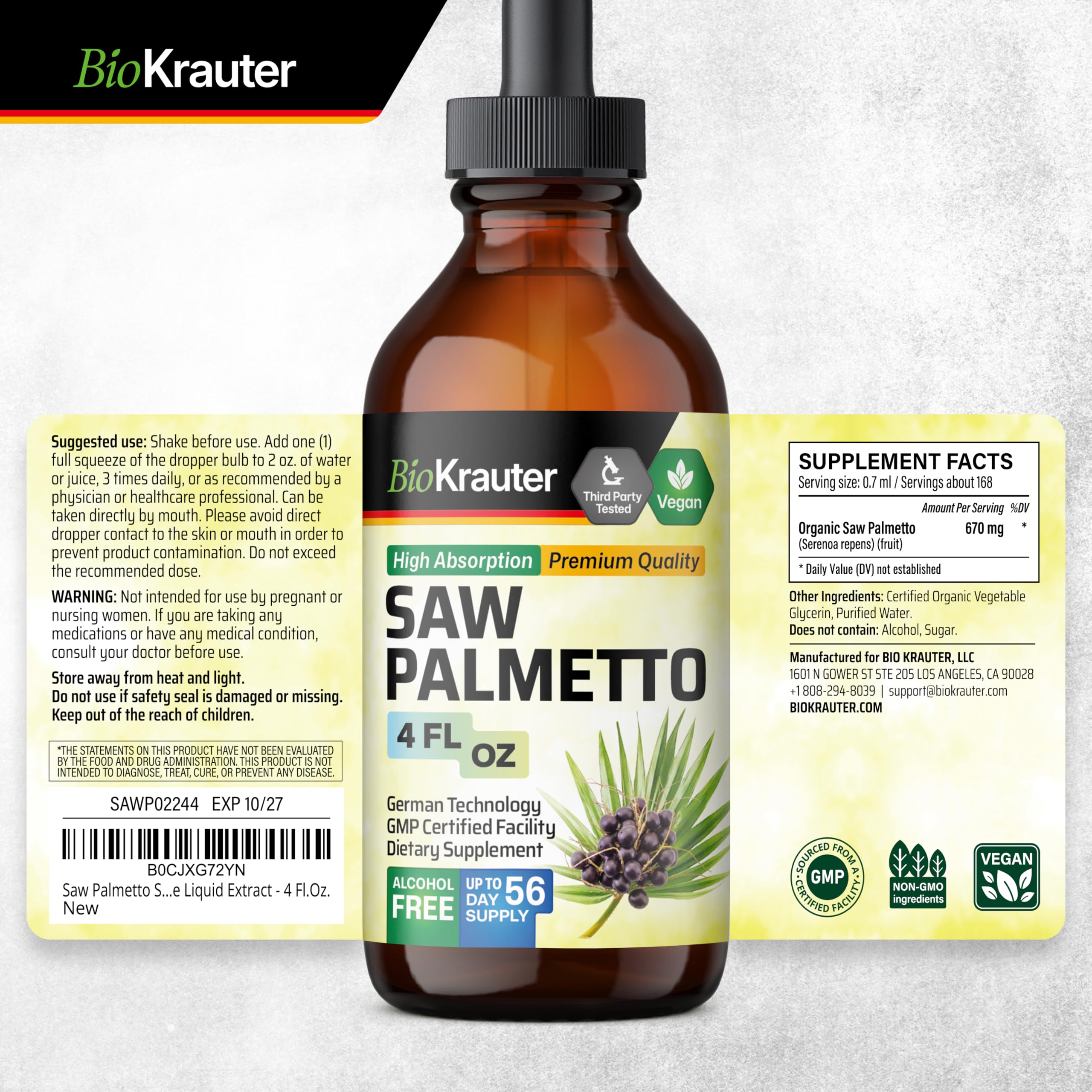 BIO KRAUTER Saw Palmetto Extract – Vegan Saw Palmetto for Men & Women, Urinary Support, Alcohol & Sugar Free, 4 Fl.Oz