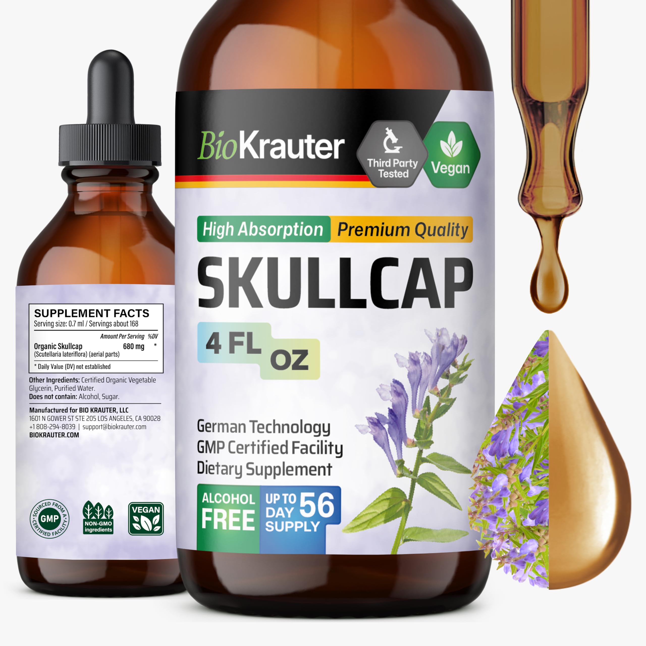 BIO KRAUTER Skullcap Tincture - Alcohol-Free, Vegan, 4 Fl Oz