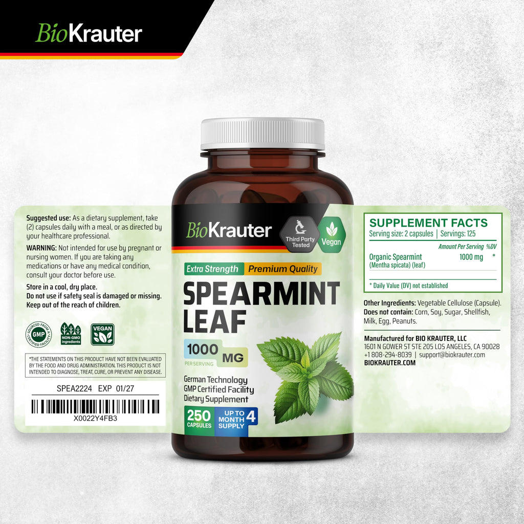 BIO KRAUTER Spearmint Capsules 1000 mg - 250 Count - Vegan Spearmint Supplement