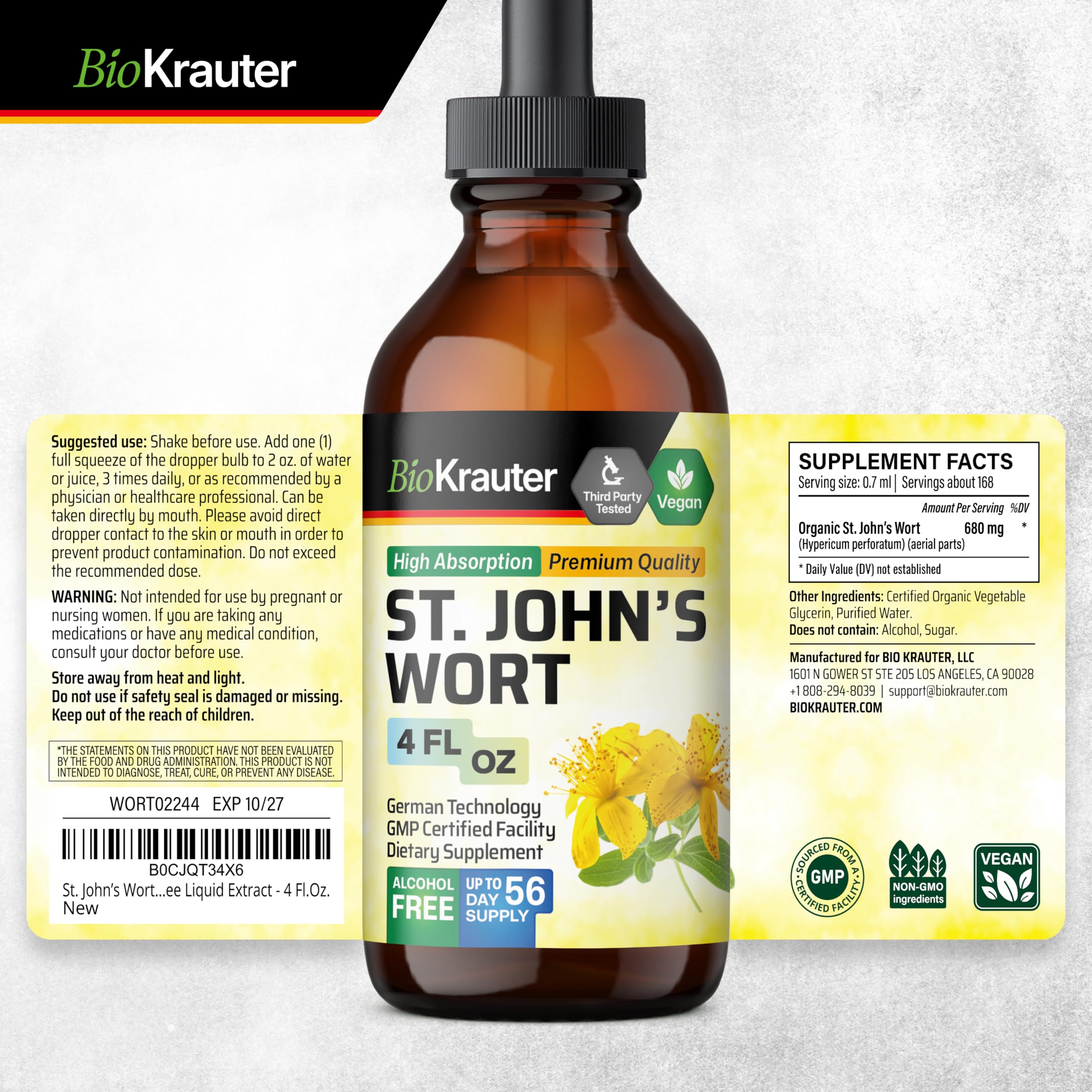 BIO KRAUTER St Johns Wort Tincture - Mood Support (Alcohol-Free, Vegan Drops, 4 fl oz)