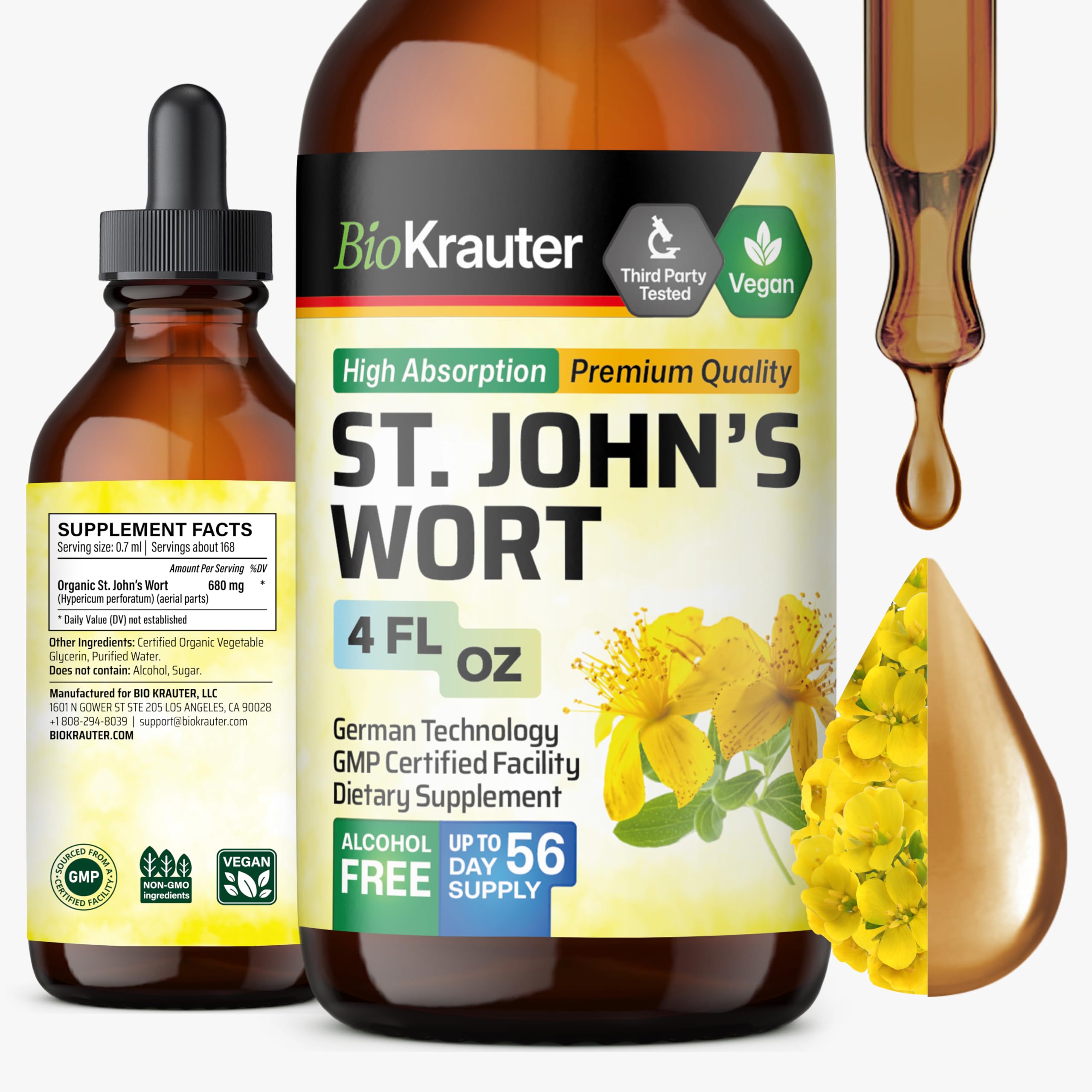 BIO KRAUTER St Johns Wort Tincture - Mood Support (Alcohol-Free, Vegan Drops, 4 fl oz)