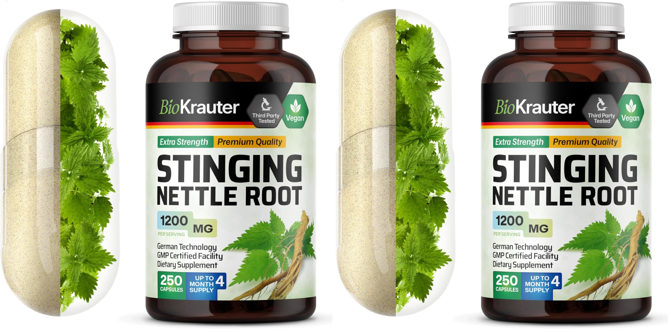 BIO KRAUTER Stinging Nettle Capsules 1200 mg – 250 Urinary Tract & Overall Support Caps – Nettle Root Powder (Urtica Dioica) – Non-GMO – Pack of 2