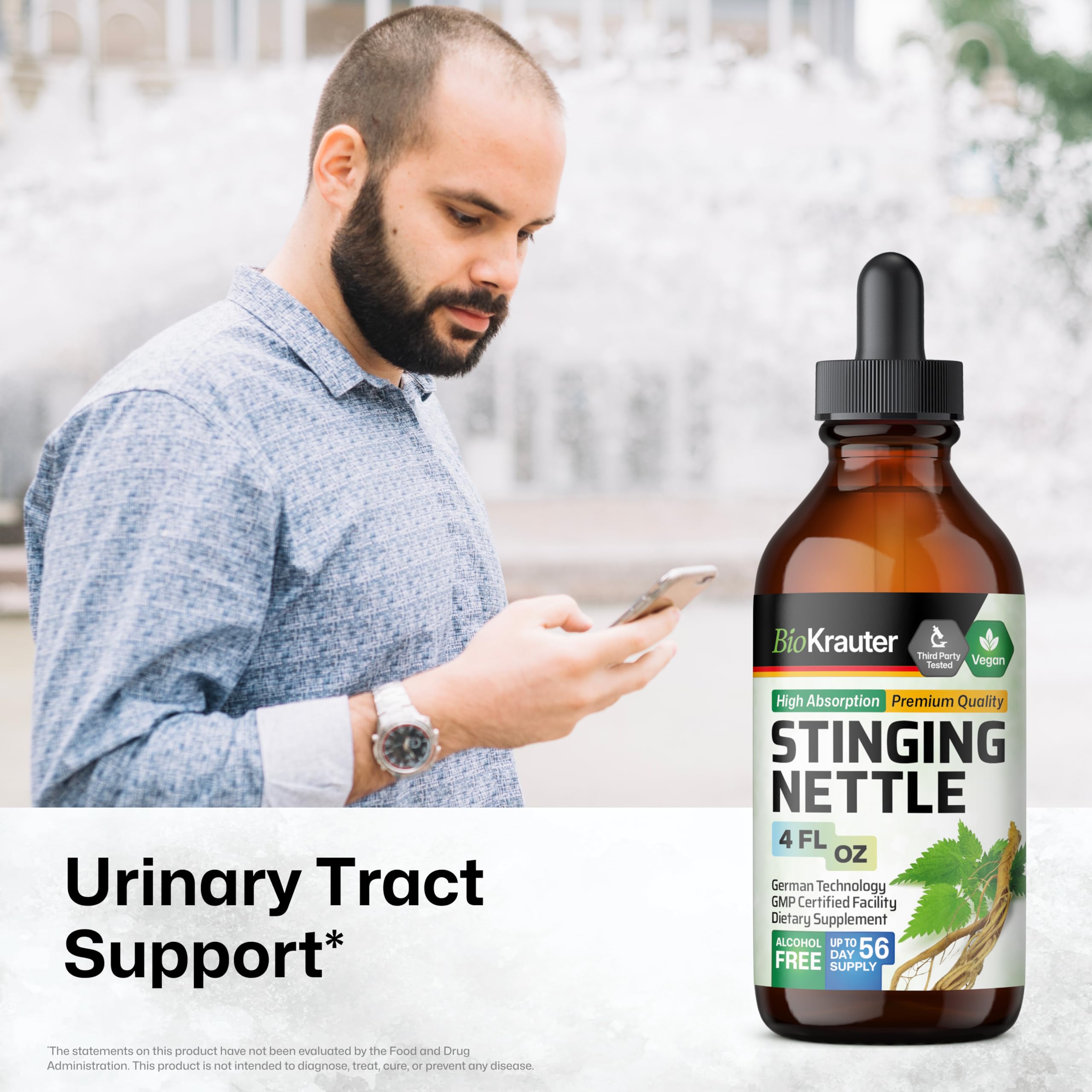 BIO KRAUTER Stinging Nettle Tincture - Urinary Health Drops | Vegan, Sugar & Alcohol Free 4 Fl Oz