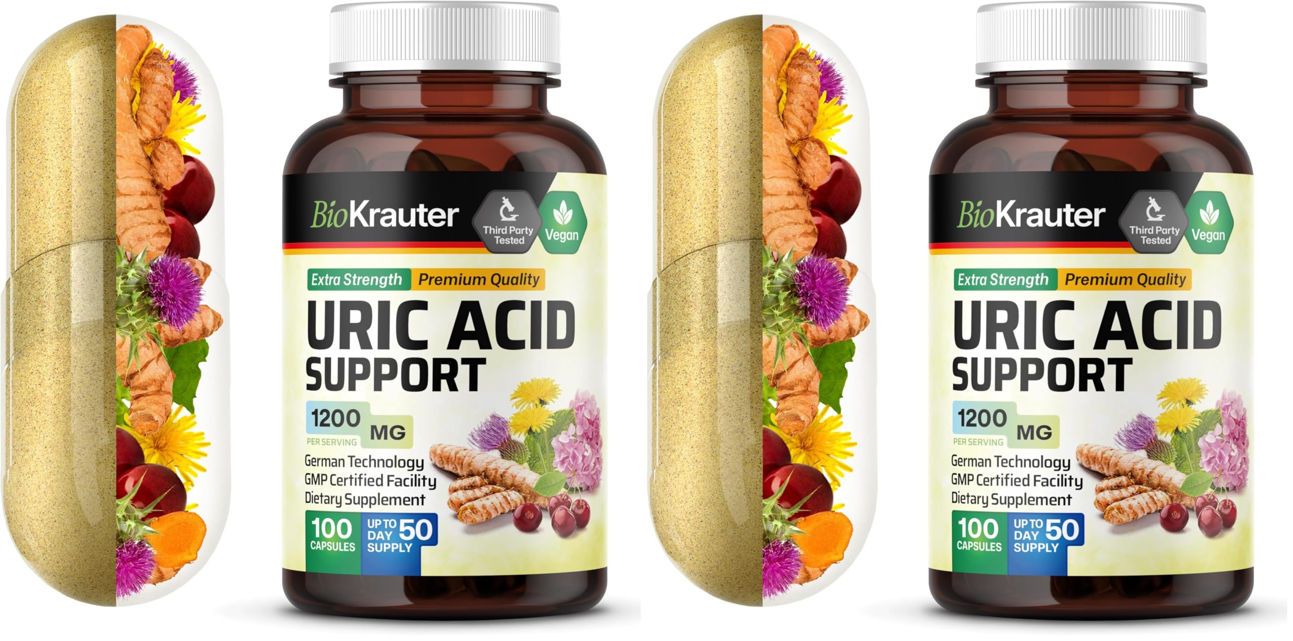 BIO KRAUTER Uric Acid Support Capsules 1200 mg - 2-Pack, 100 Count, Vegan Kidney Support