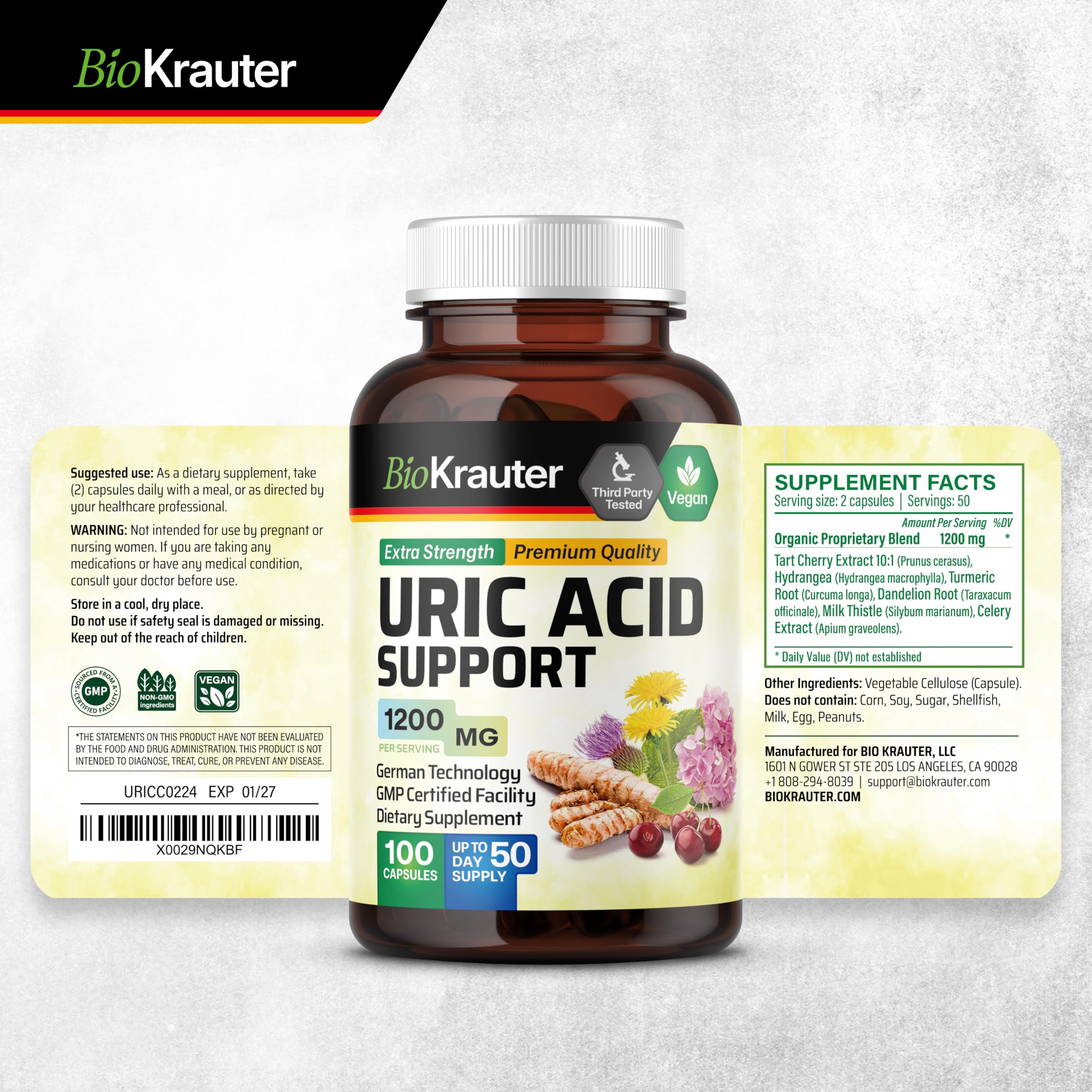 BIO KRAUTER Uric Acid Support Capsules 1200 mg - 2-Pack, 100 Count, Vegan Kidney Support