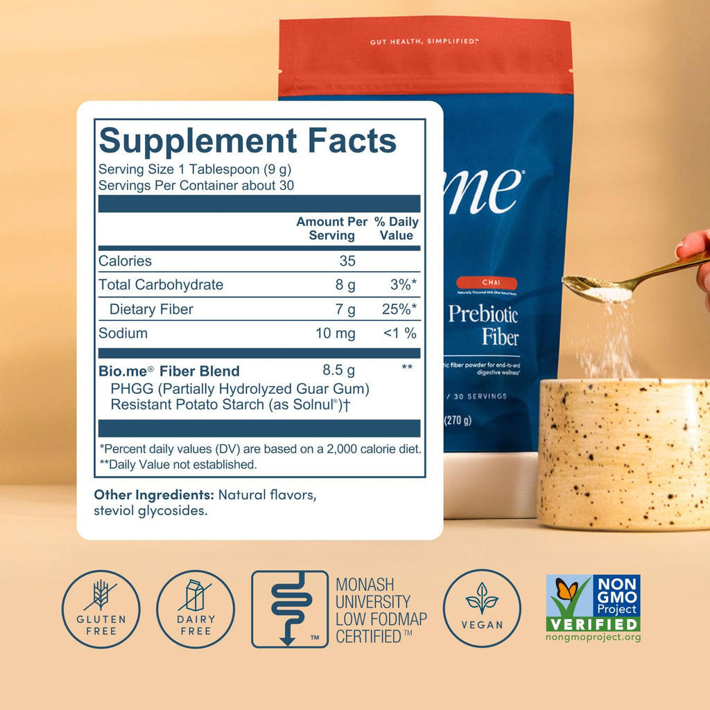Bio.me Daily Prebiotic Fiber Powder – Chai, 7g per Serving | Digestive & Gut Health