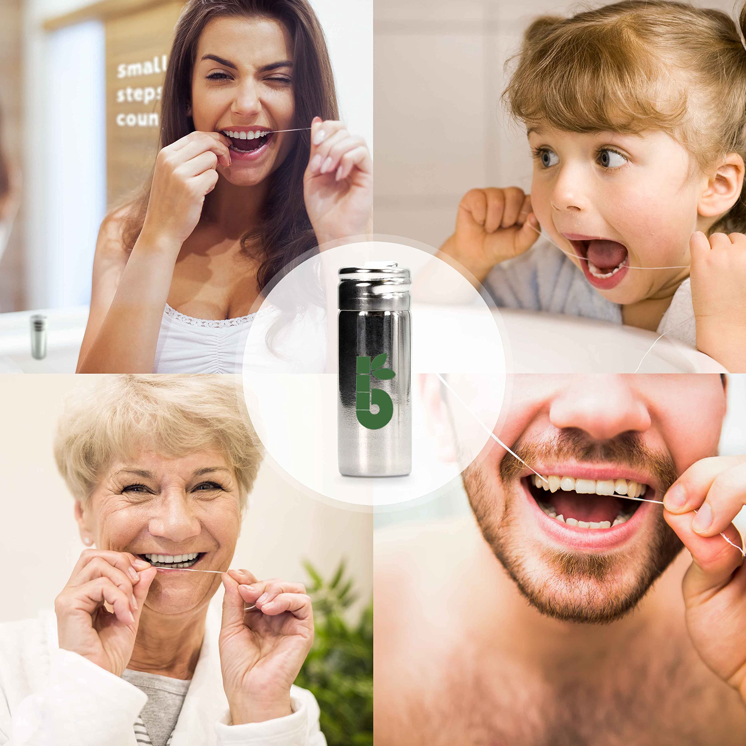 Vegan Dental Floss | Refillable Stainless Steel Dispenser | Zero Waste Mint 55 Yards | Bambaw