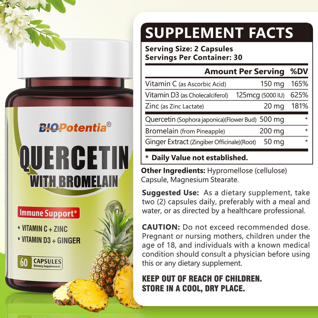 BIO POTENTIA Quercetin with Bromelain 500mg - Immune Support, Vitamin C & D3, 60 Capsules