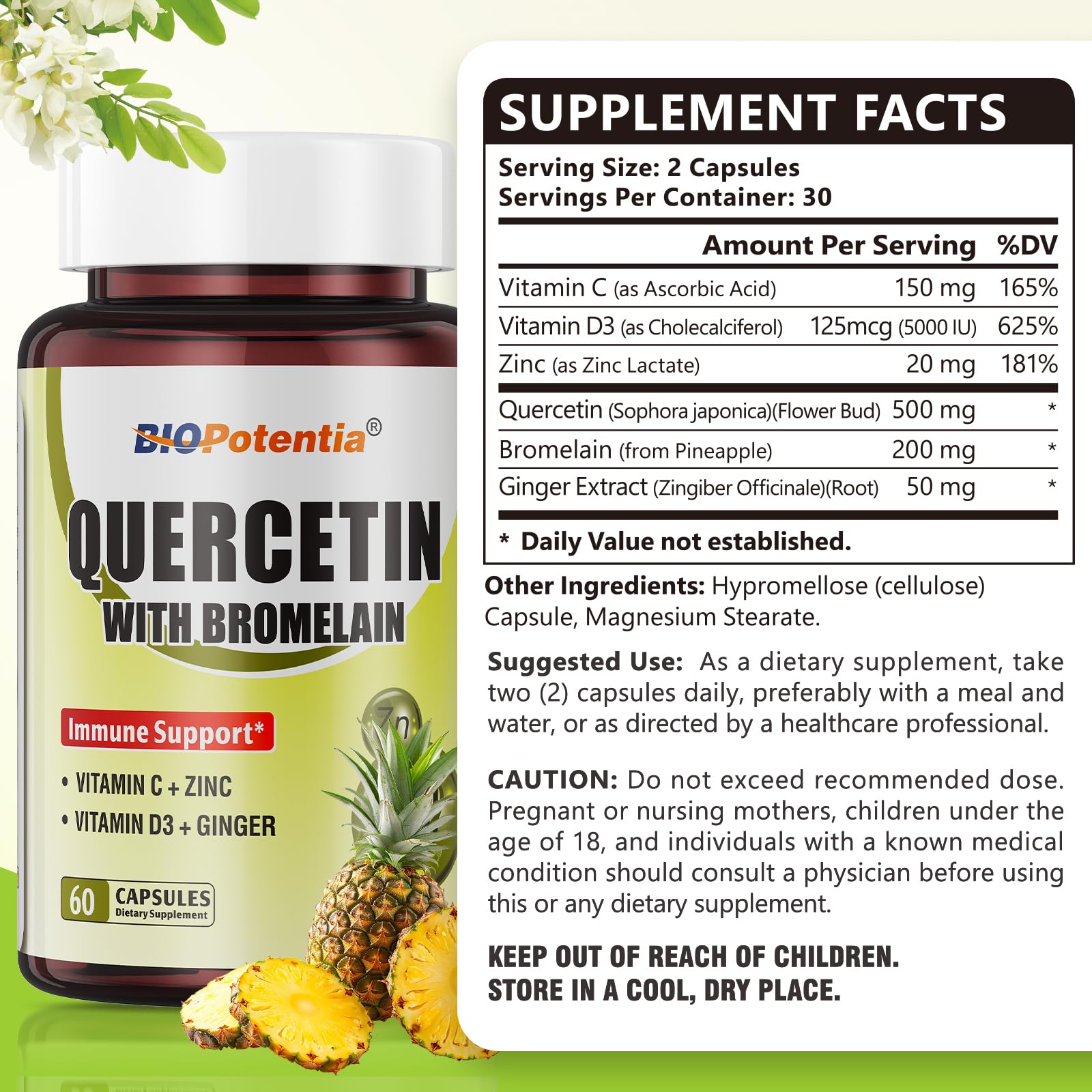 BIO POTENTIA Quercetin with Bromelain 500mg - Immune Support, Vitamin C & D3, 60 Capsules