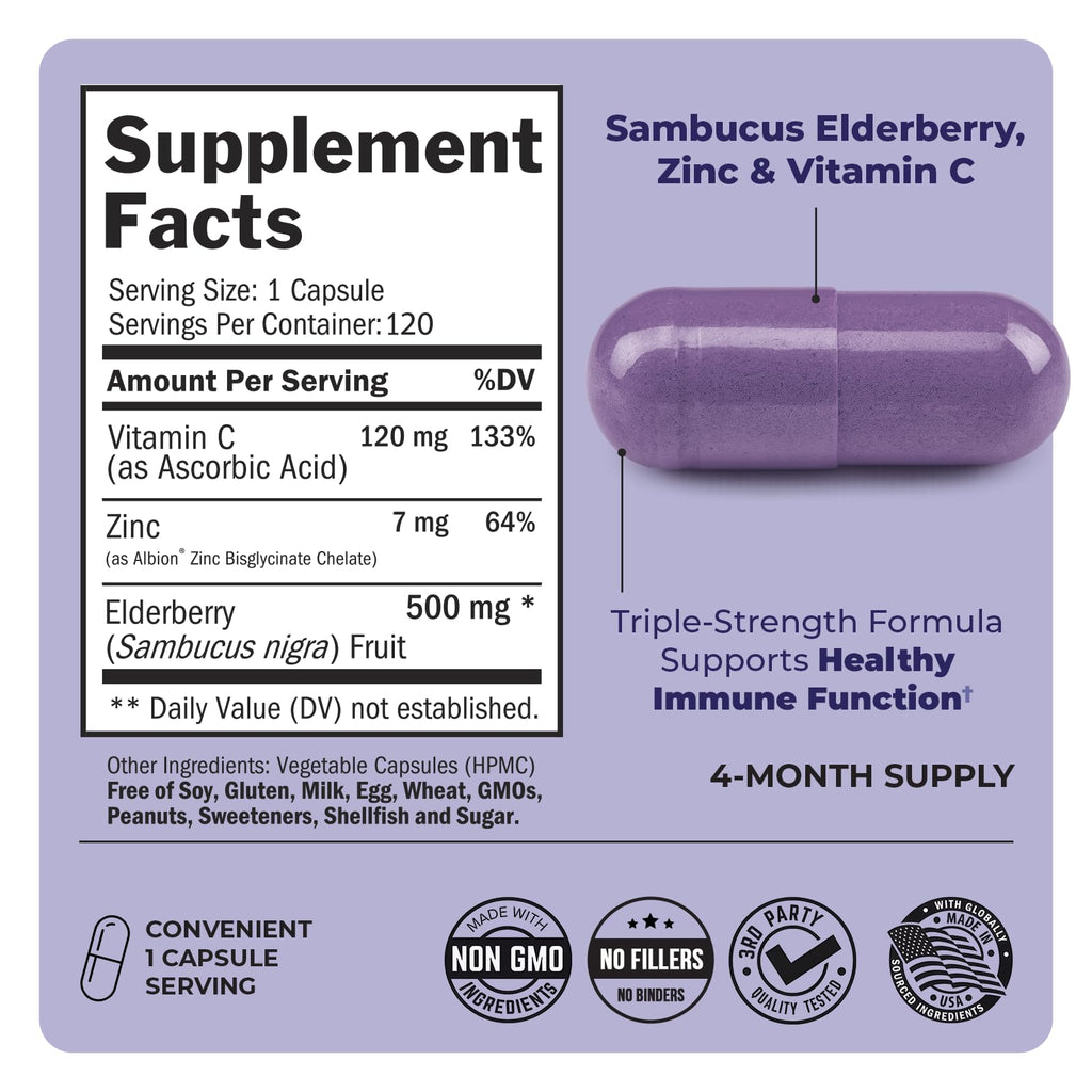 BioSchwartz Elderberry Capsules with Zinc & Vitamin C – Immune Support for Adults (120 Count)