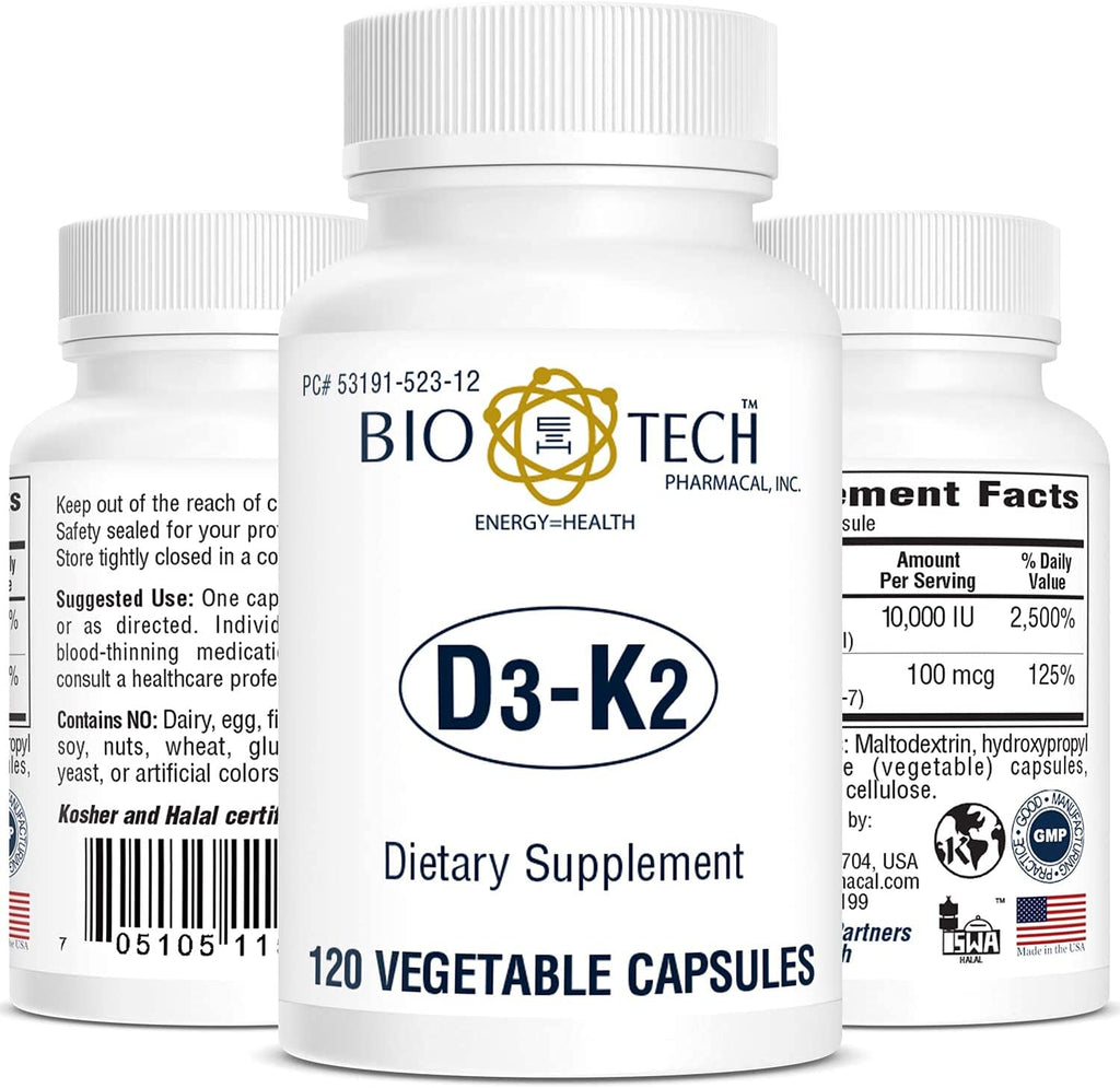Bio-Tech D3-K2 120 Vegcaps – Vegan Vitamin D3 & K2 for Bone Health