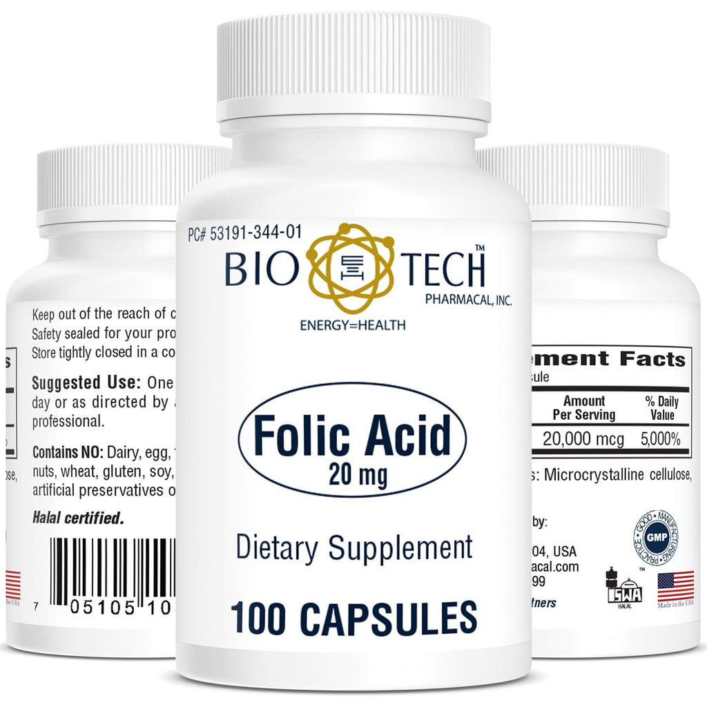 Bio-Tech Pharmacal Folic Acid 20mg, 100 Count | Folate Supplement